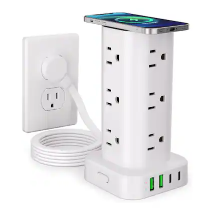 Front. Dazzed Corner - Power Strip Tower with Wireless Charger, 6 FT Extension Cord - White.
