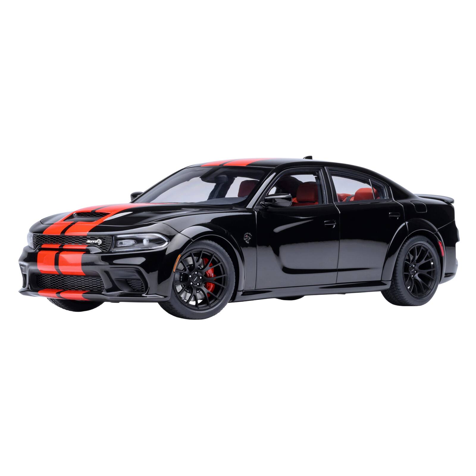 Front. Autoart - Dodge Charger SRT Hellcat Redeye Pitch Black with Red Stripes and Interior 1/18 Model Car by Autoart.