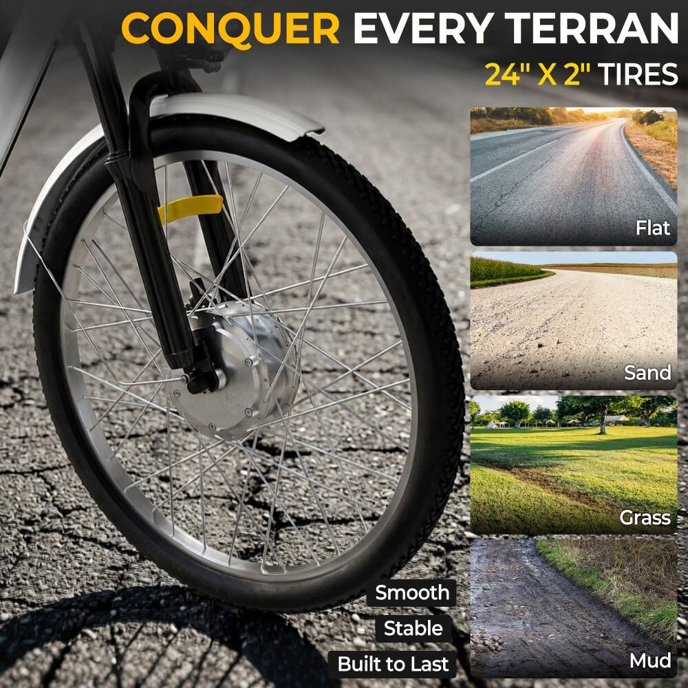 CONQUER EVERY TERRAIN  
24" X 2" TIRES  

Flat  
Sand  
Grass  
Mud  

Smooth  
Stable  
Built to Last