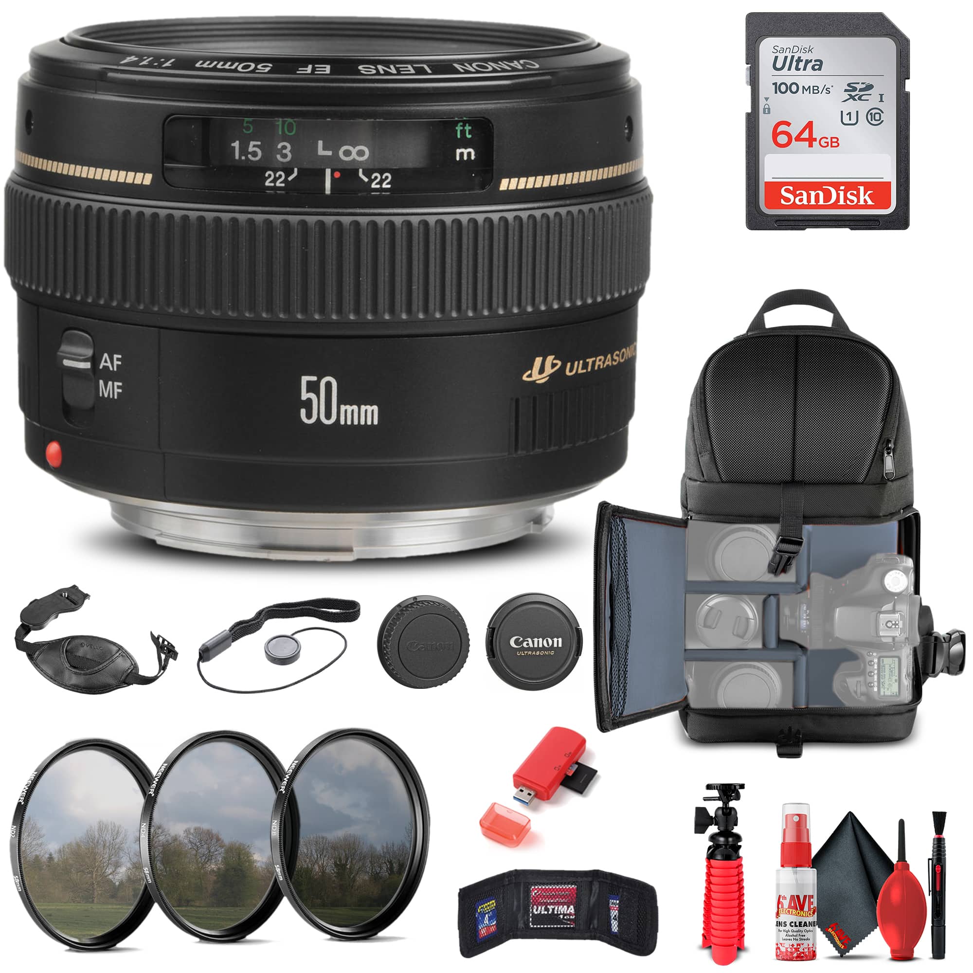 Canon - EF 50mm f/1.4 USM Lens (2515A003) + Filter + BackPack + 64GB Card + More (International Version)