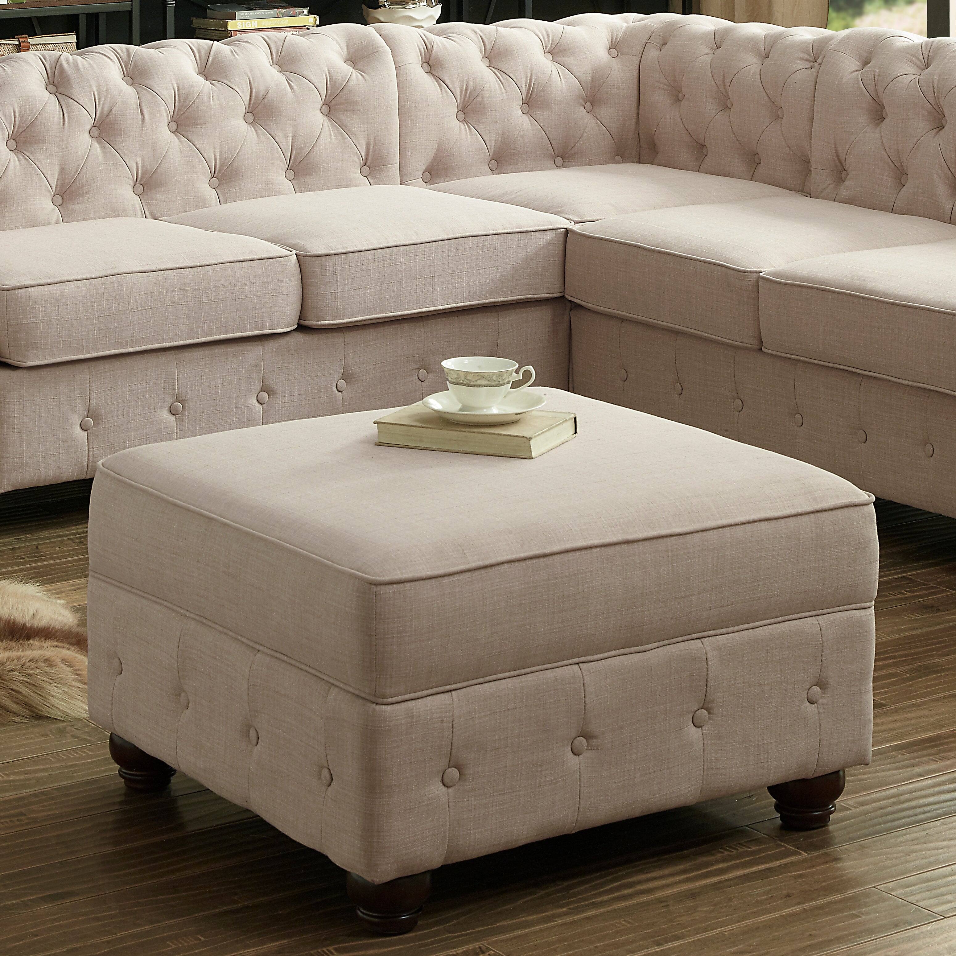 Alt View 2. Boyel Living - Beige Square Ottoman with Button Tufting and Wooden Legs, Linen Upholstery - Beige.