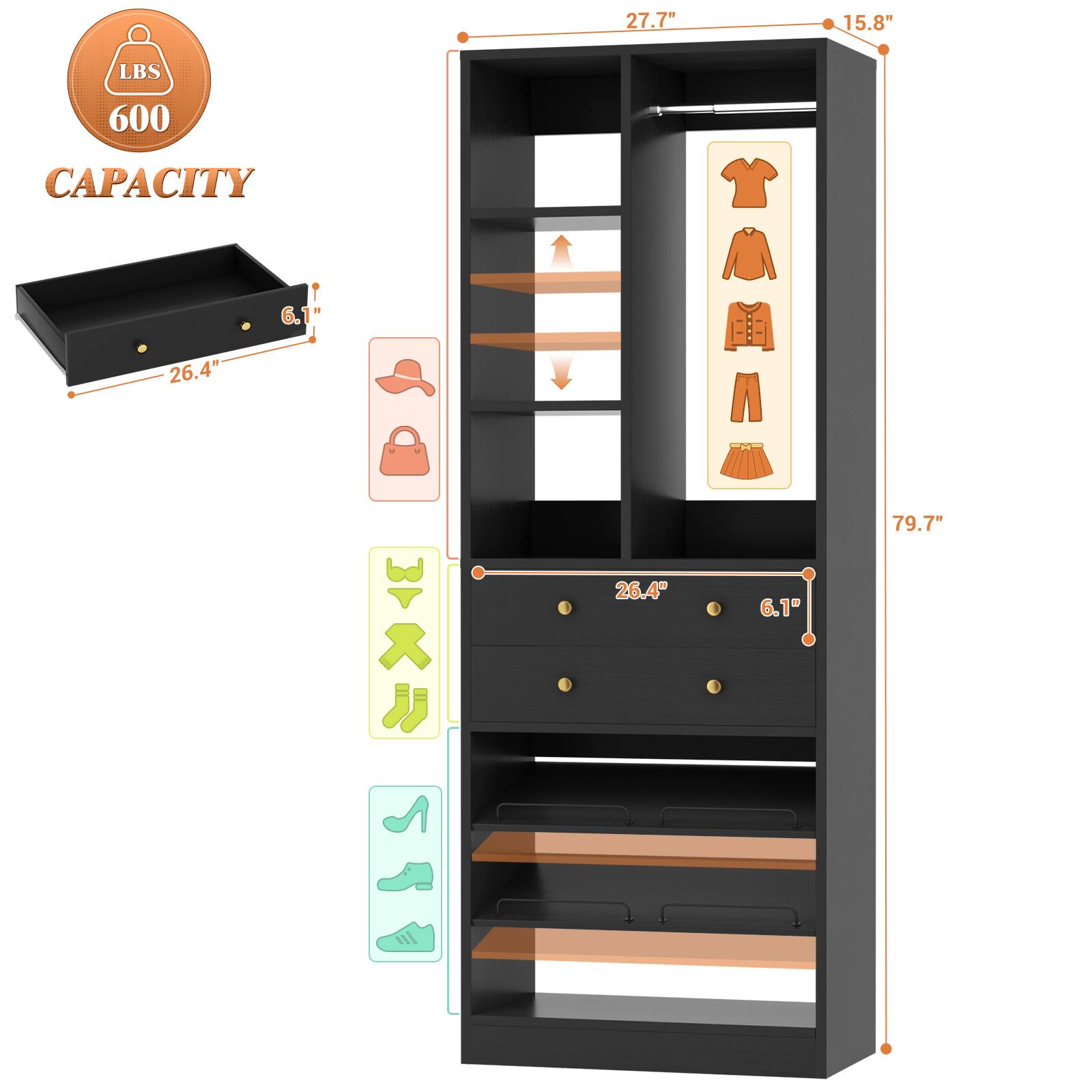 27.7" x 15.8"  
LBS 600 CAPACITY  
26.4" x 6.1"  
79.7"