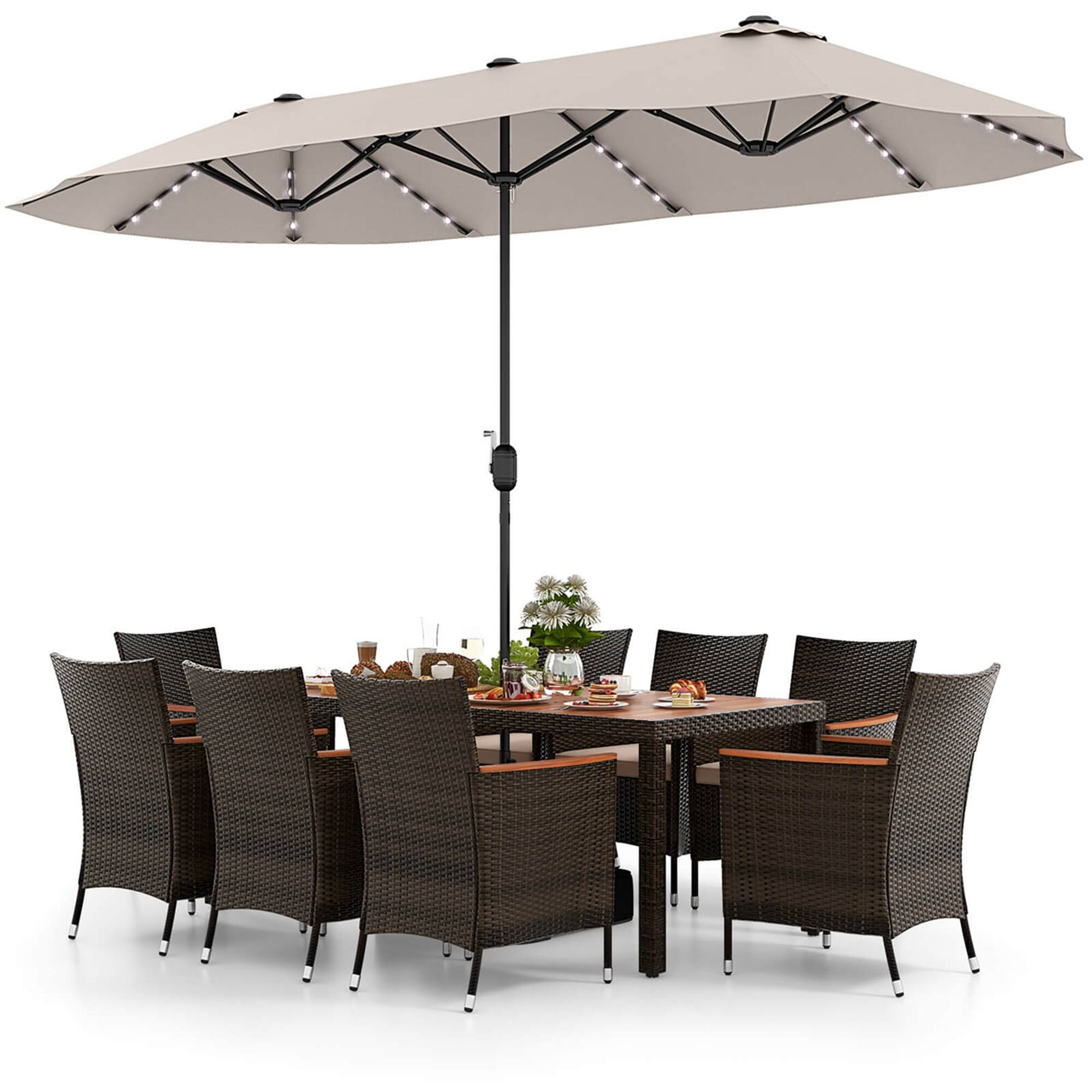 Alt View 11. Costway - 11 PCS Patio Dining Set with 15ft Double-Sided Patio Umbrella (Base Included) - Mix Brown + Beige.