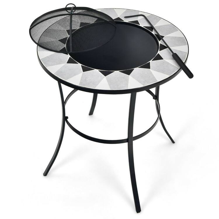 Back. Mondawe - 23.5 Inches Round Fire Pit Table with Mesh Cover and Fire Poker - Black.