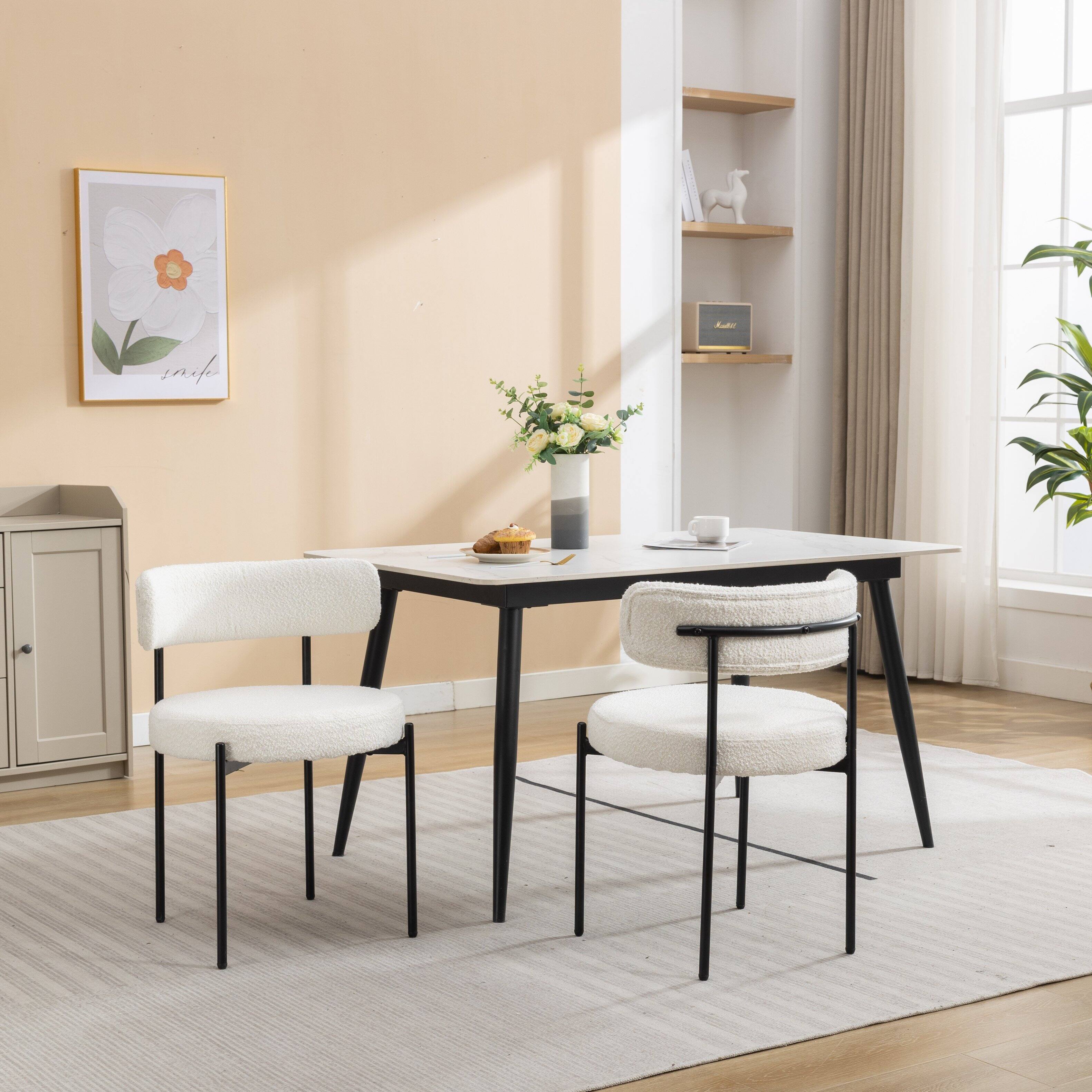 Front. TinyHomie - Burbank Modern Round Boucle Dining Chairs Set of 2 White - Off White.