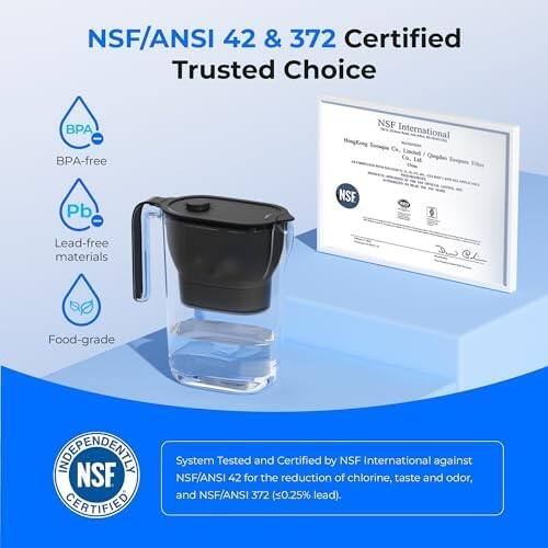 NSF/ANSI 42 & 372 Certified  
Trusted Choice  

BPA-free  
Lead-free materials  
Food-grade  

System Tested and Certified by NSF International against NSF/ANSI 42 for the reduction of chlorine, taste and odor, and NSF/ANSI 372 (<0.25% lead).