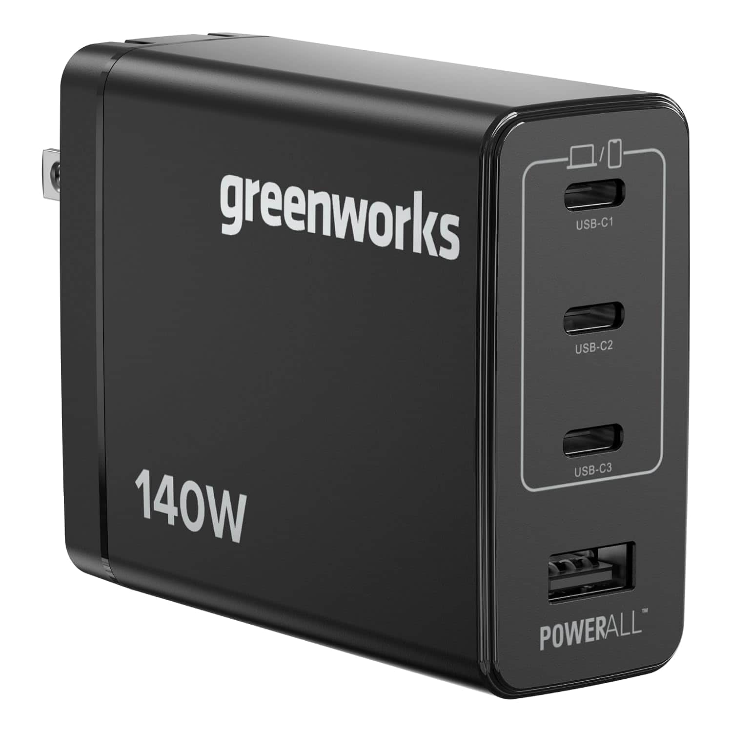 Greenworks - POWERALL 140W USB-C, USB-A Charger, 4-Port Foldable and Compact - Black