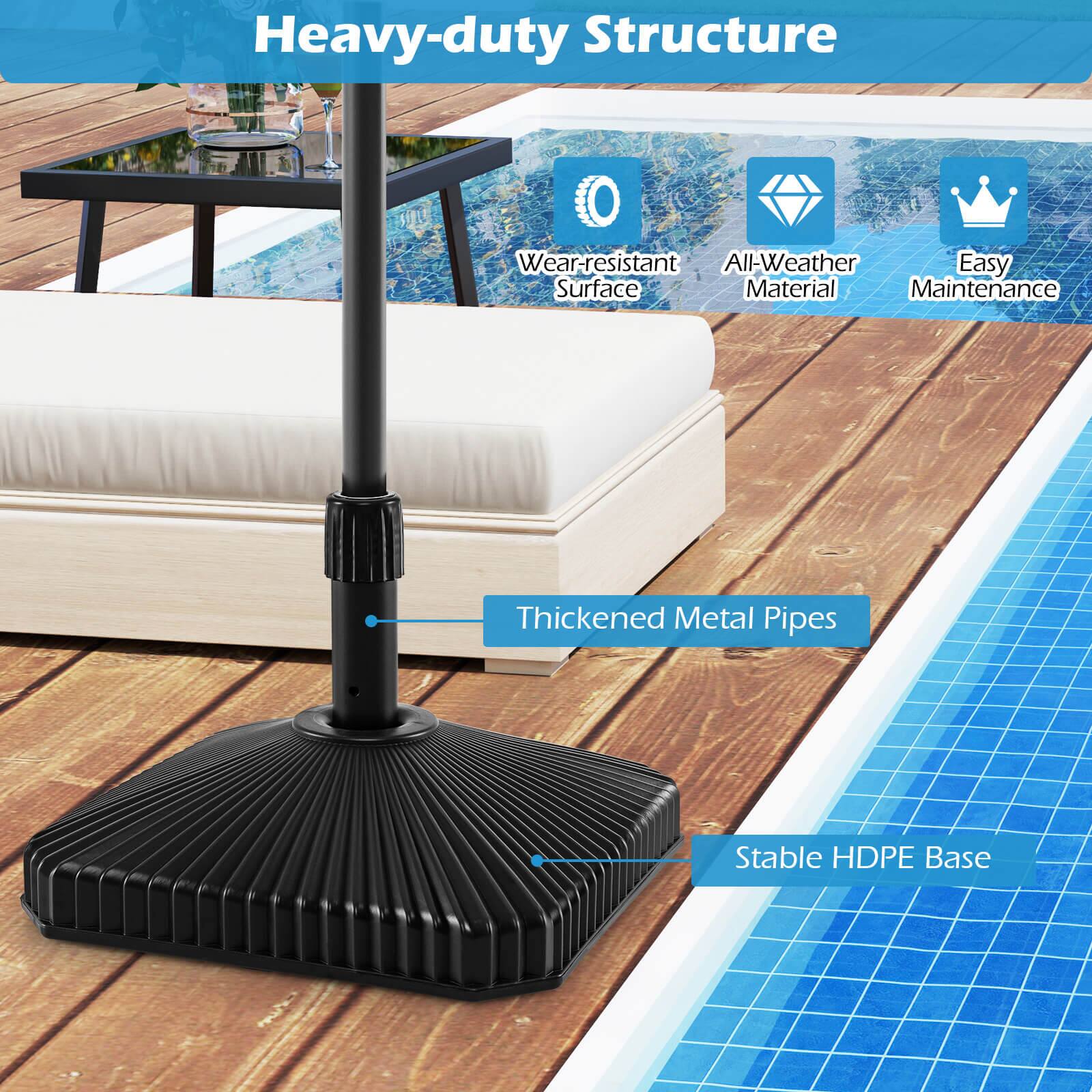 The text on the image is grouped and corrected as follows:

Heavy-duty Structure:

* Wear-resistant:
	+ All-Weather:
	+ Easy Surface Material Maintenance:
	+ Thickened Metal Pipes:
	+ Stable HDPE Base