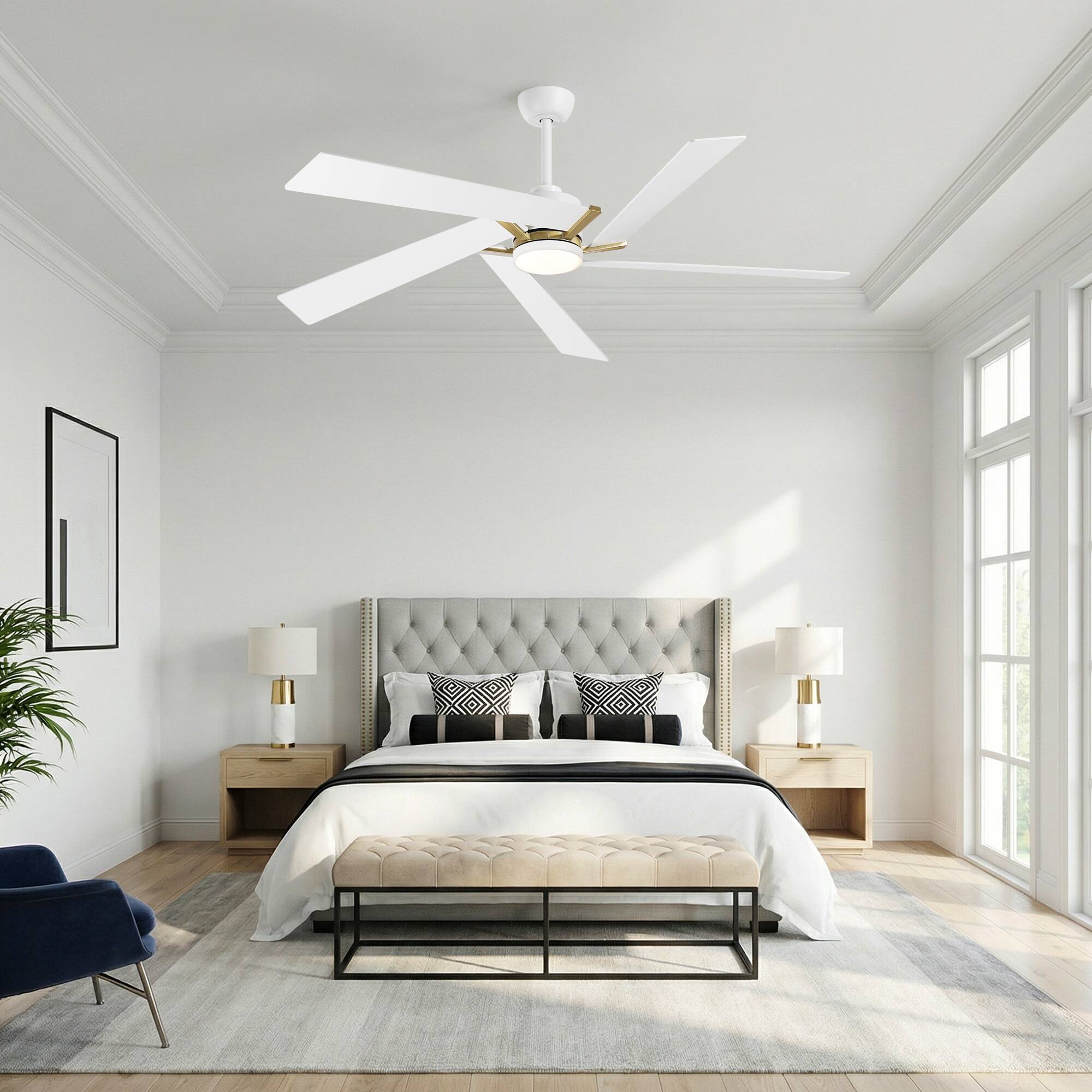 Left. Parrot Uncle - 60" Modern White LED Ceiling Fan with Remote Control and Reversible Blades - White.