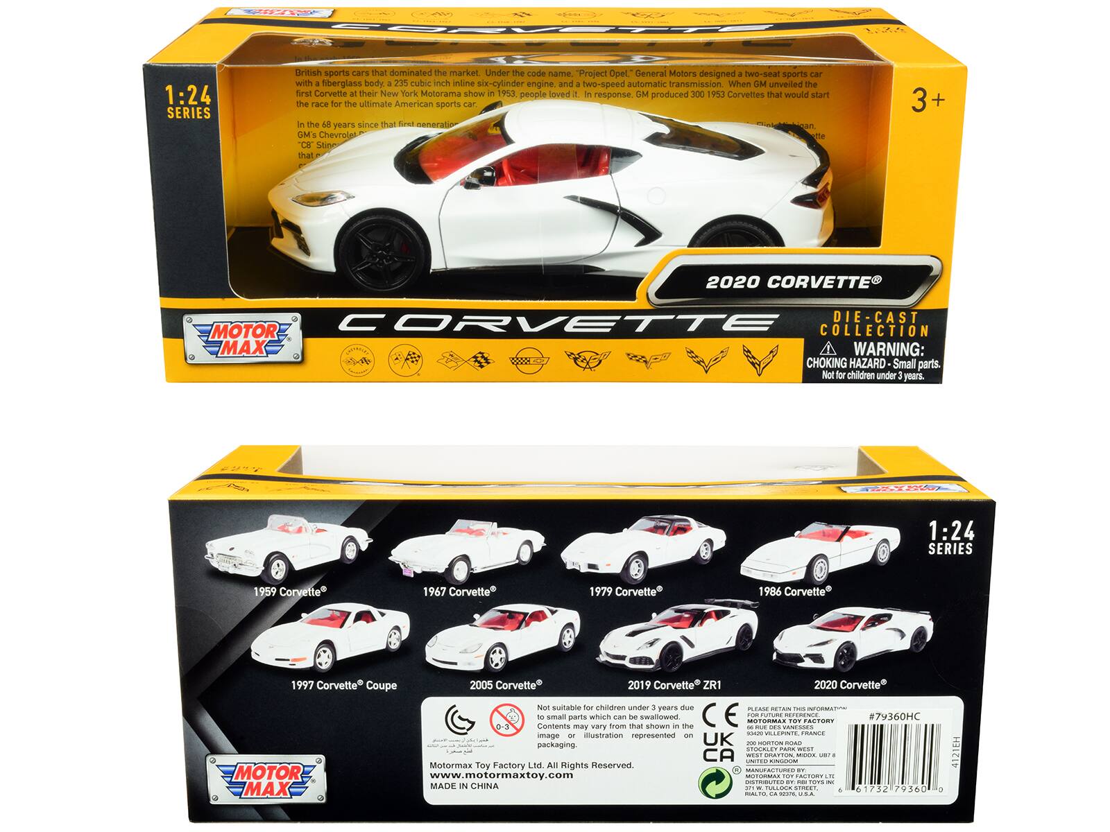 1:24 SERIES

British sports cars that dominated the market. Under the code name "Project Opel" General Motors designed a two-seat sports car with a fiberglass body, 235 cubic inch inline six-cylinder engine, and two-speed automatic transmission. When GM unveiled the first Corvette at their New York Motorama show in 1953, people loved it. In response, GM produced 300 1953 Corvettes that would start the race for the ultimate American sports car. In the 68 years since that first generation, GM's Chevrolet "C8 Stingray" has taken the lead.

2020 CORVETTE®
DIE-CAST MOTOR CORVETTE COLLECTION

WARNING: CHOKING HAZARD - Small parts. Not for children under 3 years.

1:24 SERIES
1959 Corvette
1967 Corvette
1979 Corvette
1986 Corvette
1997 Corvette Coupe
2005 Corvette
2019 Corvette ZR1
2020 Corvette

MOTOR MAX

Not suitable for children under 3 years due to small parts which can be swallowed. Please retain this information