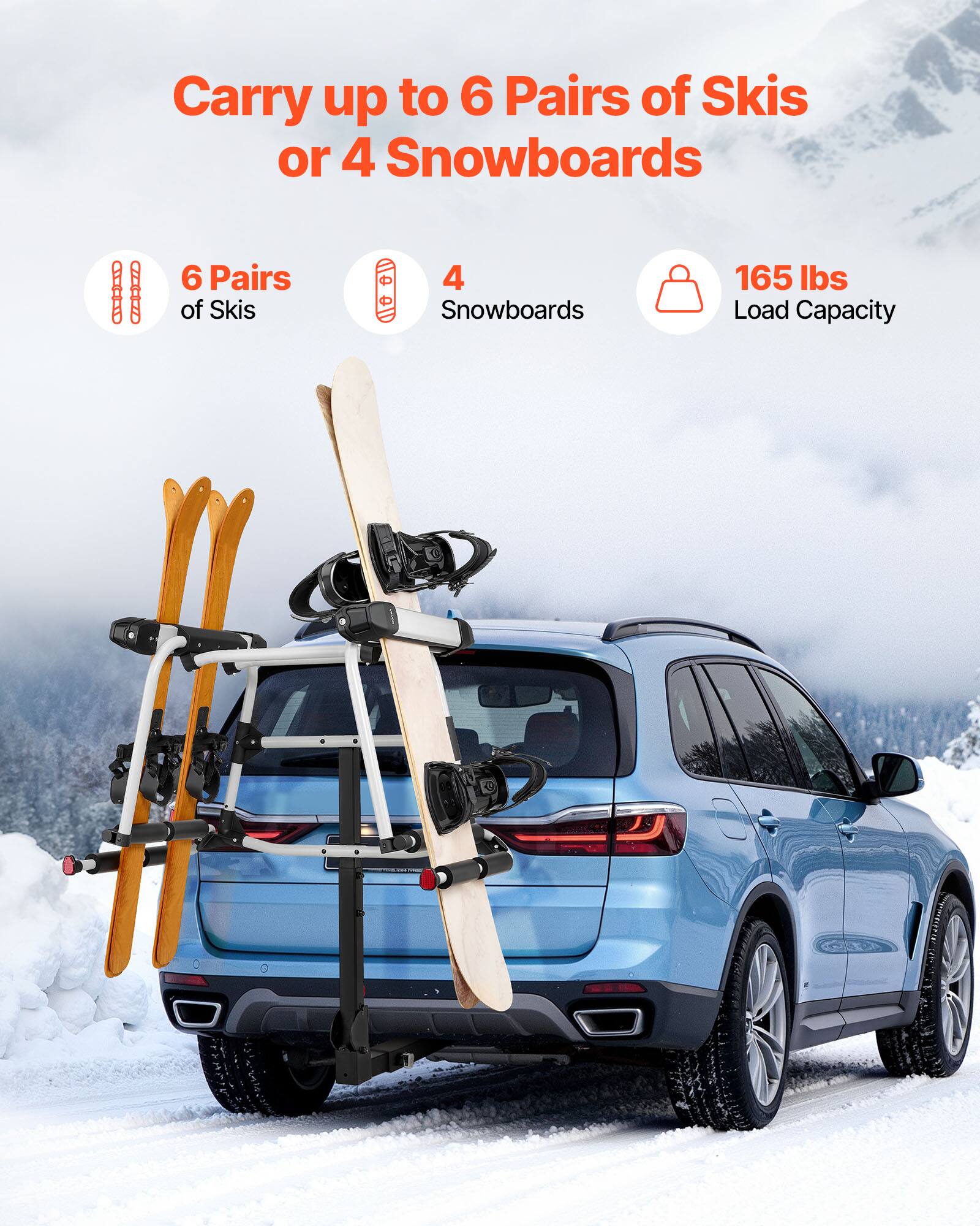 Carry up to 6 Pairs of Skis or 4 Snowboards

6 Pairs of Skis
4 Snowboards
165 lbs Load Capacity