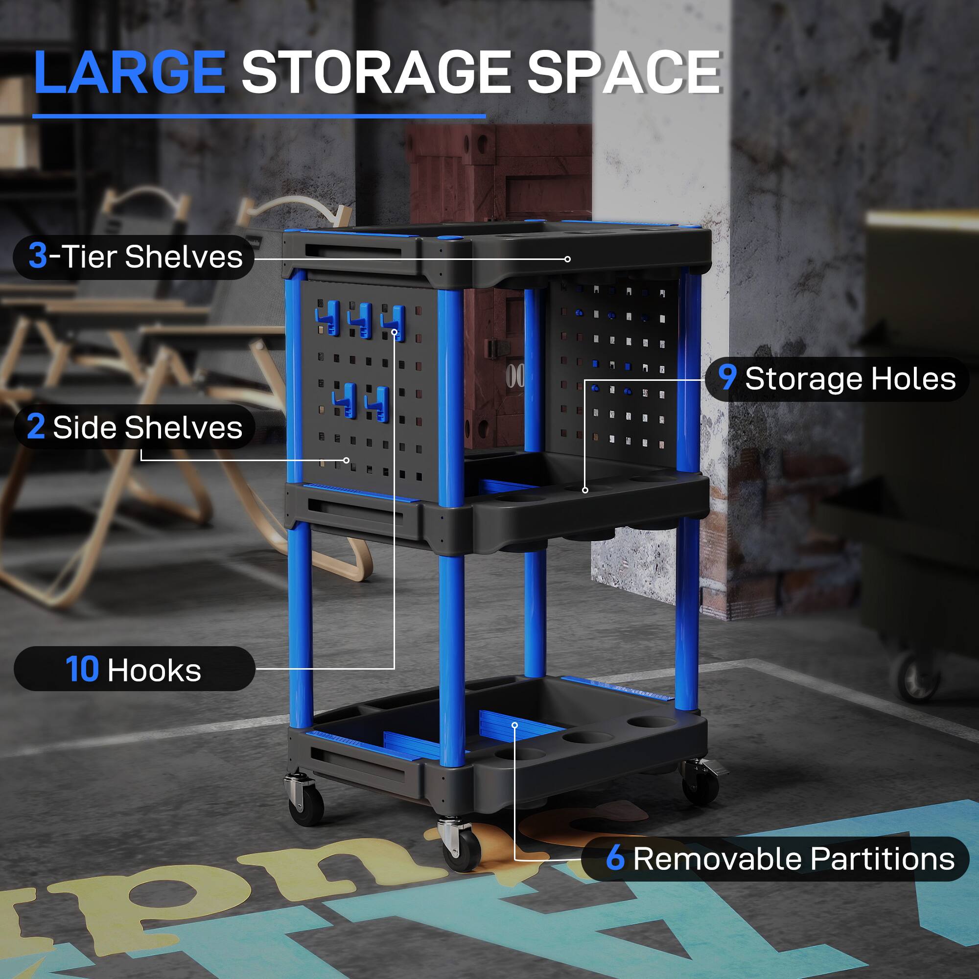 LARGE STORAGE SPACE
3-Tier Shelves
2 Side Shelves
9 Storage Holes
10 Hooks
6 Removable Partitions