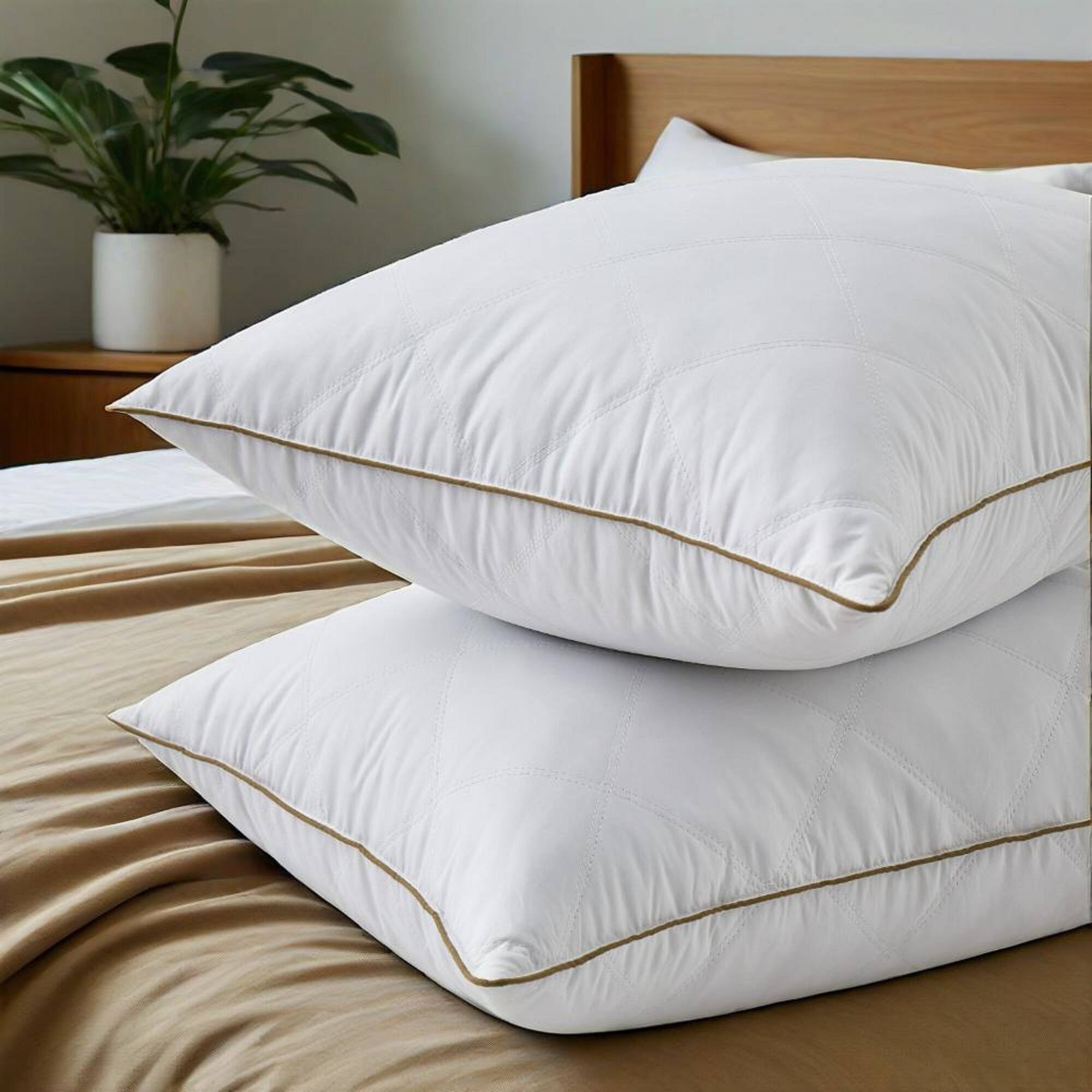 Left. Peace Nest - Peace Nest Medium-Firm Goose Feather Down Bed Pillows Set of 2 with Quilted Cover - White.