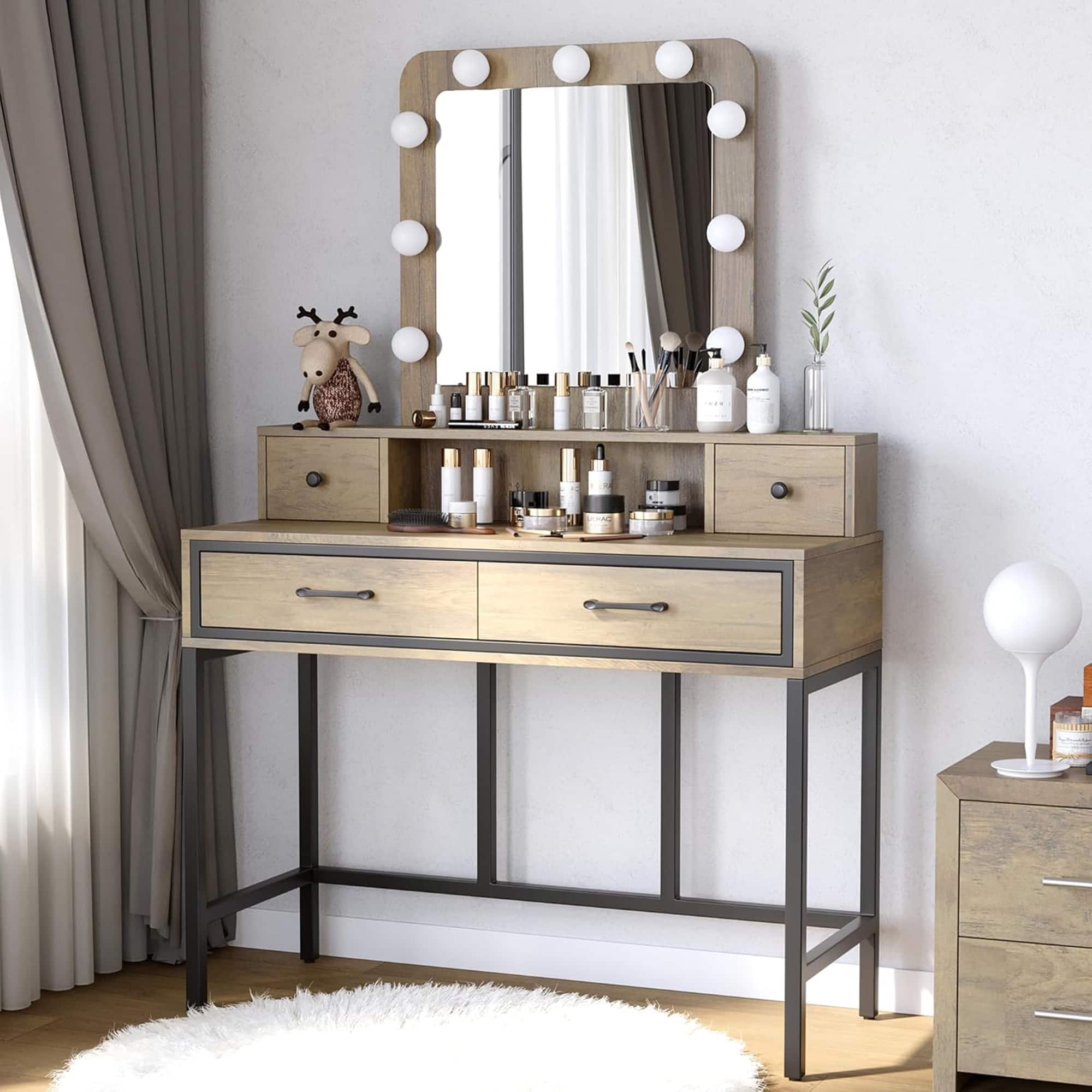 RoyalCraft - Vanity Desk for Makeup with Mirror, Dimmable Lights & Drawers - Brown