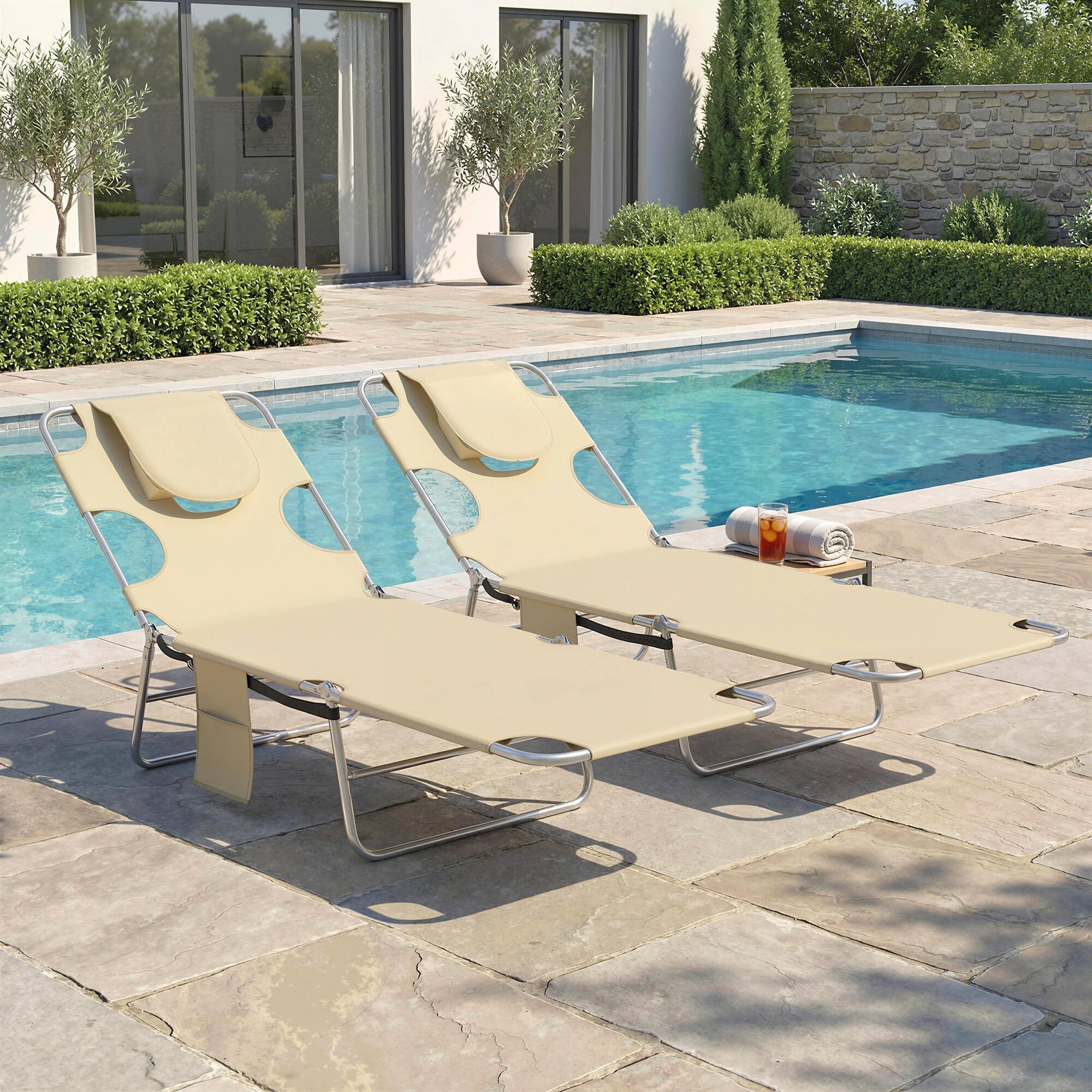 Alt View 8. Outsunny - Tanning Chairs with Face Hole, 5-Level Adjustable Outdoor Chaise Lounge Chair with Pillow for Beach - Beige.