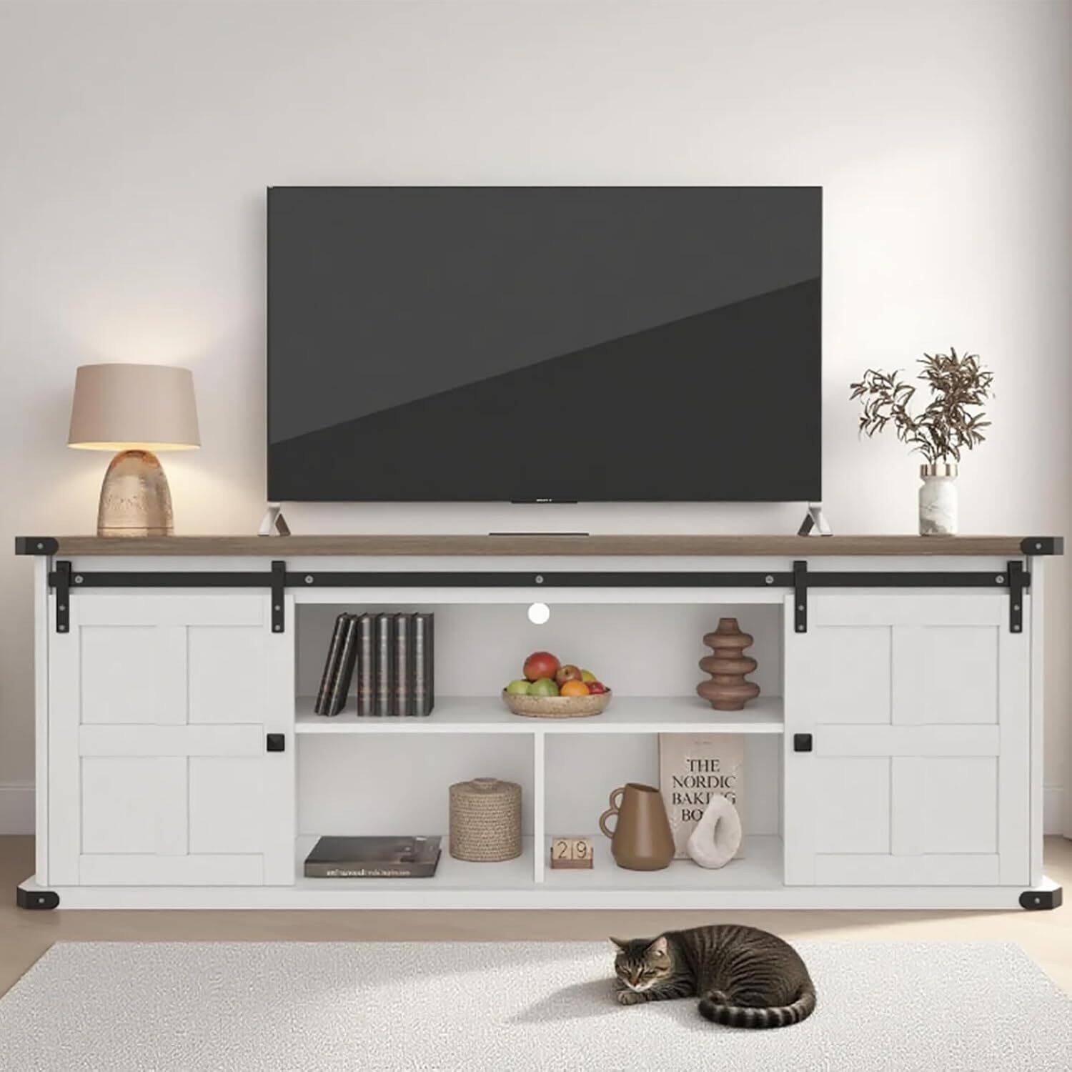 Acekool - Mid Century Entertainment Center TV Stand for 77 Inch TVs with Storage Cabinets for Living Room, White + Brown - Brown+White