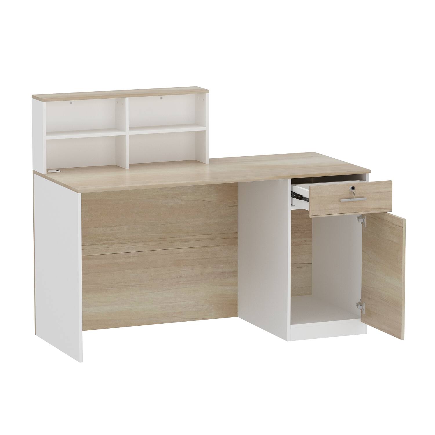 Left. Famapy - Famapy Reception Desk: Classified Storage, Eco - Friendly & Secure Lock Design - White & Wooden.