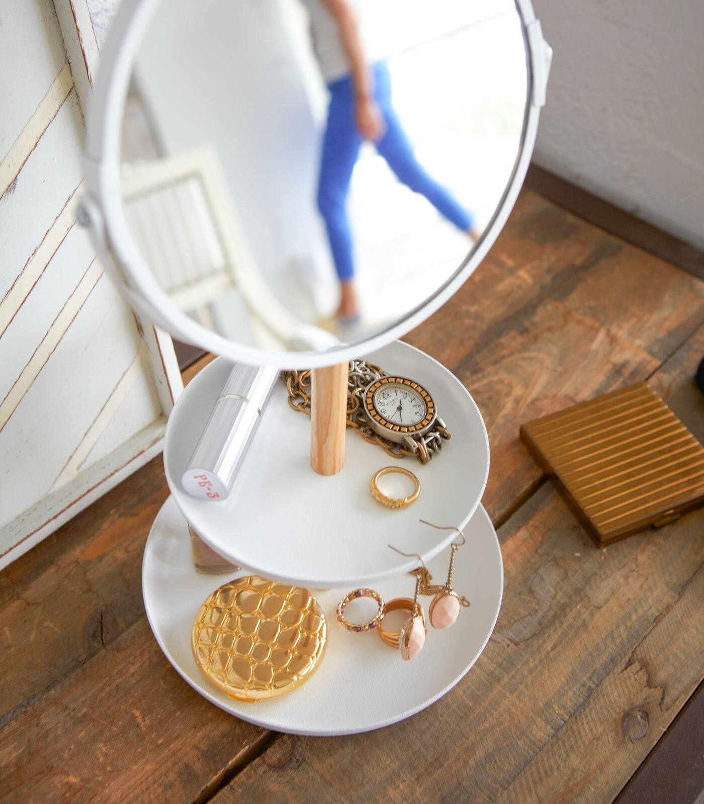 Left. Yamazaki Home - Two-Tier Jewelry Tray With Mirror - Steel + Wood - White.