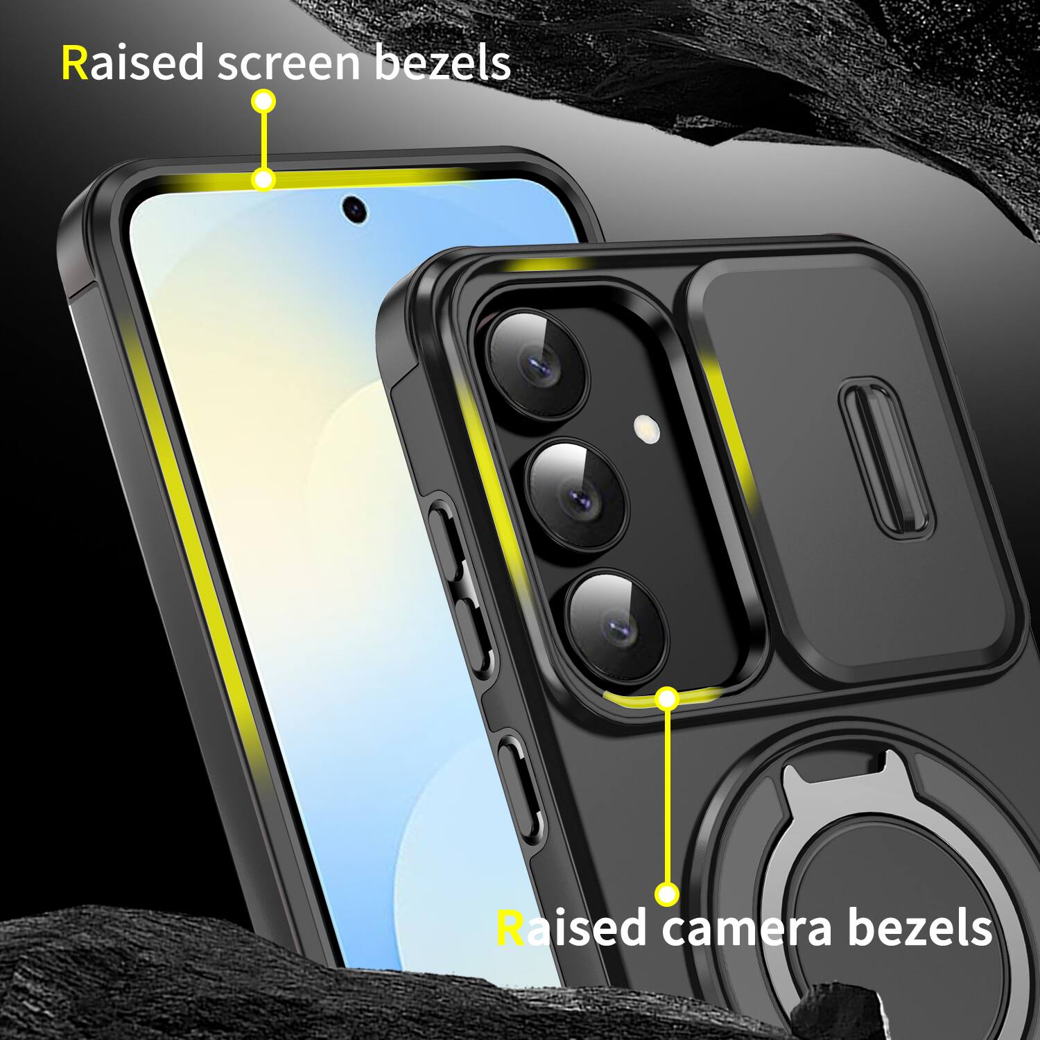 Raised screen bezels  
Raised camera bezels