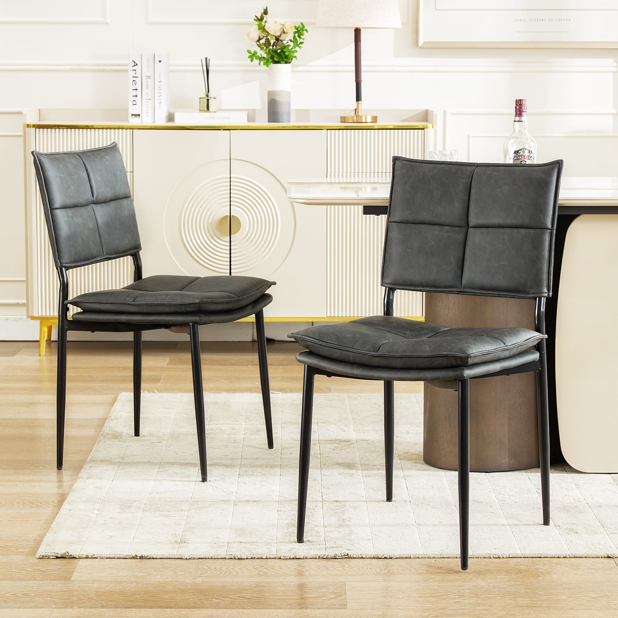 KERDOM - Upholstered Kitchen Side Chairs Set of 2, Mid-Century PU Leather Dinner Chairs with Back and Metal Legs for Restaurant - Gray