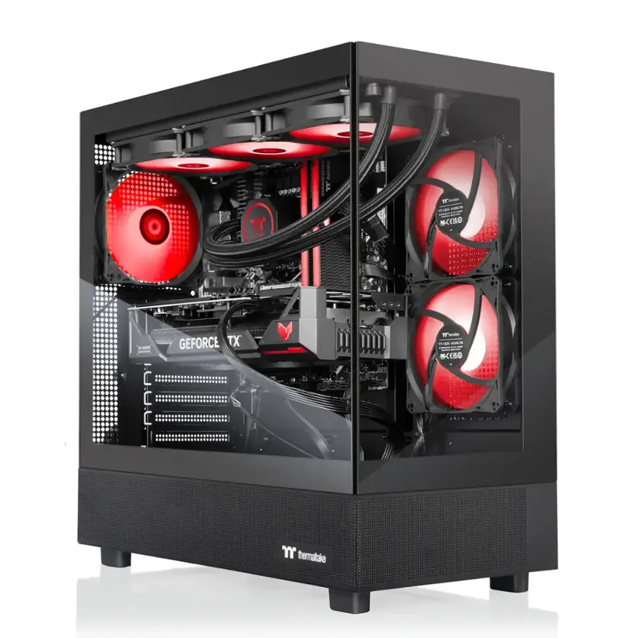 The image features a black computer tower with a red and black color scheme. The tower is equipped with a GeForce TX 2600 graphics card and three red and black fans. The fans are positioned on the left, right, and bottom of the tower, ensuring proper cooling for the computer components. The tower is likely designed by Thermaltake, a well-known manufacturer of computer components and cases.