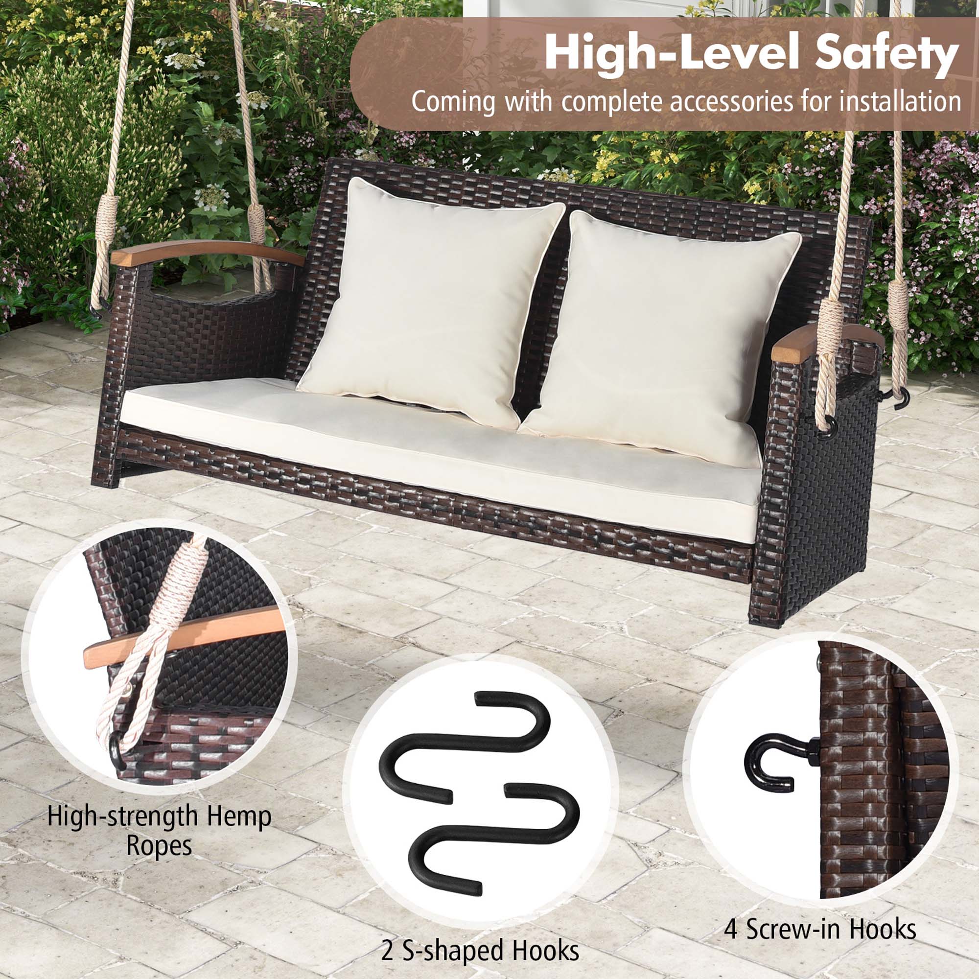 High-Level Safety  
Coming with complete accessories for installation  

- High-strength Hemp Ropes  
- 2 S-shaped Hooks  
- 4 Screw-in Hooks