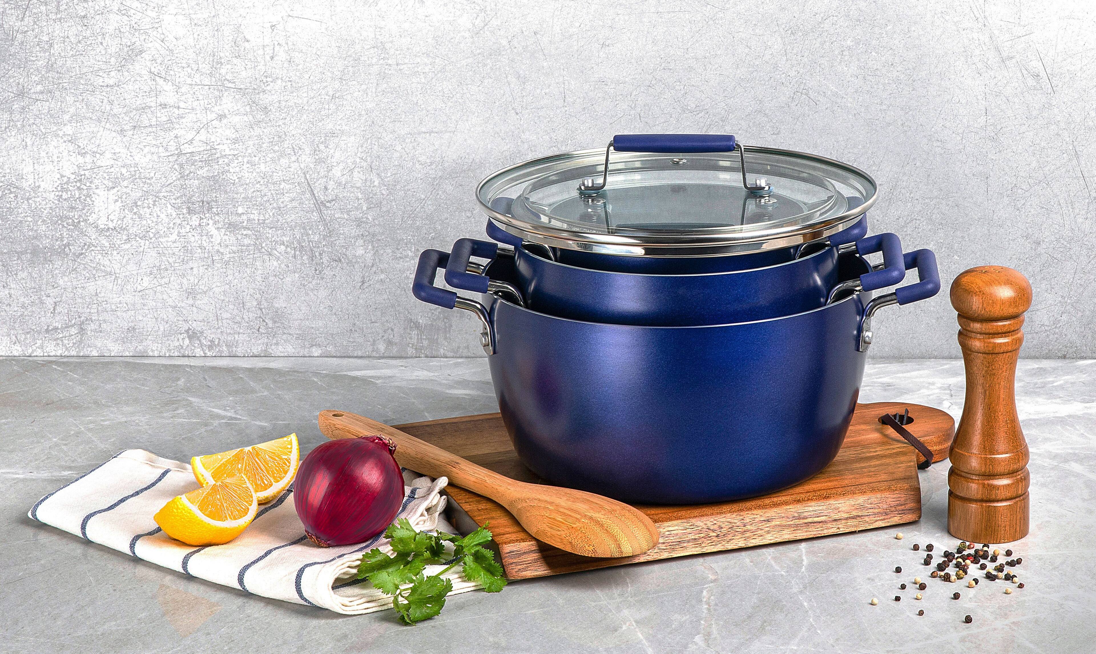 Alt View 3. Granitestone - Granitestone 6 Piece Stackable Nonstick Blue Nesting Pots with Lids - Blue.