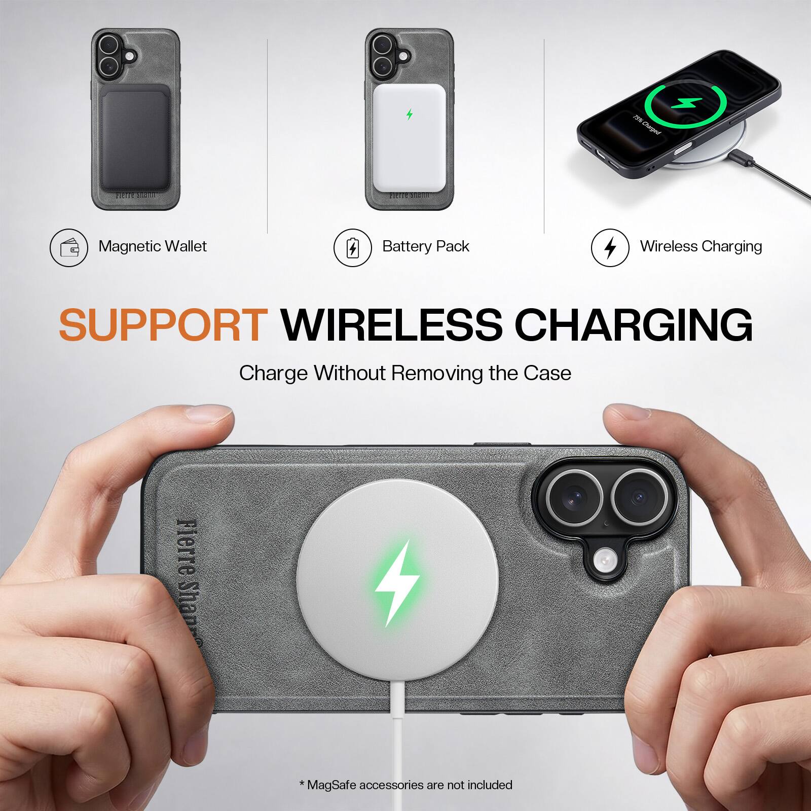 NSI Charged

Fiente
Fierre METTER

Magnetic Wallet
Battery Pack
Wireless Charging

SUPPORT WIRELESS CHARGING
Charge Without Removing the Case

Fierre Shan

*MagSafe accessories are not included