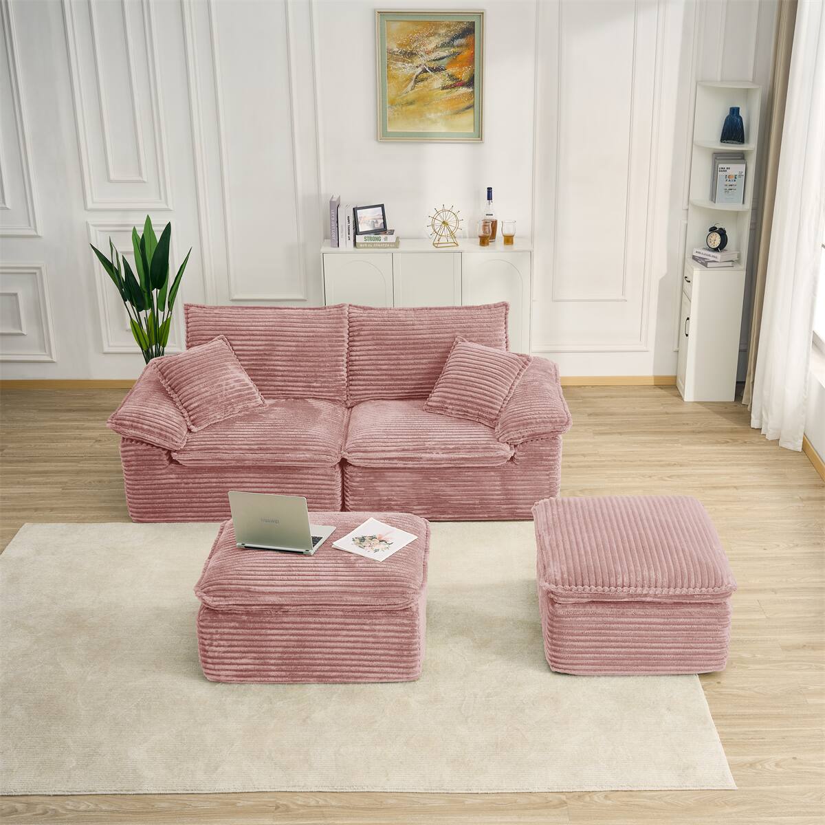 Back. AENKYO - 81" Sectional Sofa Oversized Corduroy Cloud Couch with Movable Ottoman for Living Room - Pink.