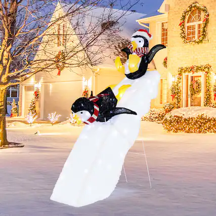 Front. Costway - 4FT Pre-Lit Christmas Penguin Ice Skating Decoration with Snowy Slide & LED Lights - Multicolor.
