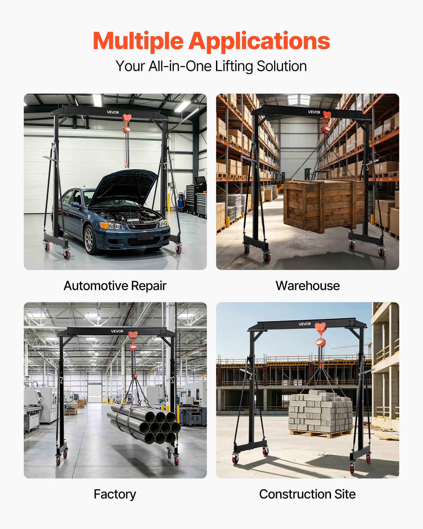 Multiple Applications  
Your All-in-One Lifting Solution  

Automotive Repair  
Warehouse  
Factory  
Construction Site