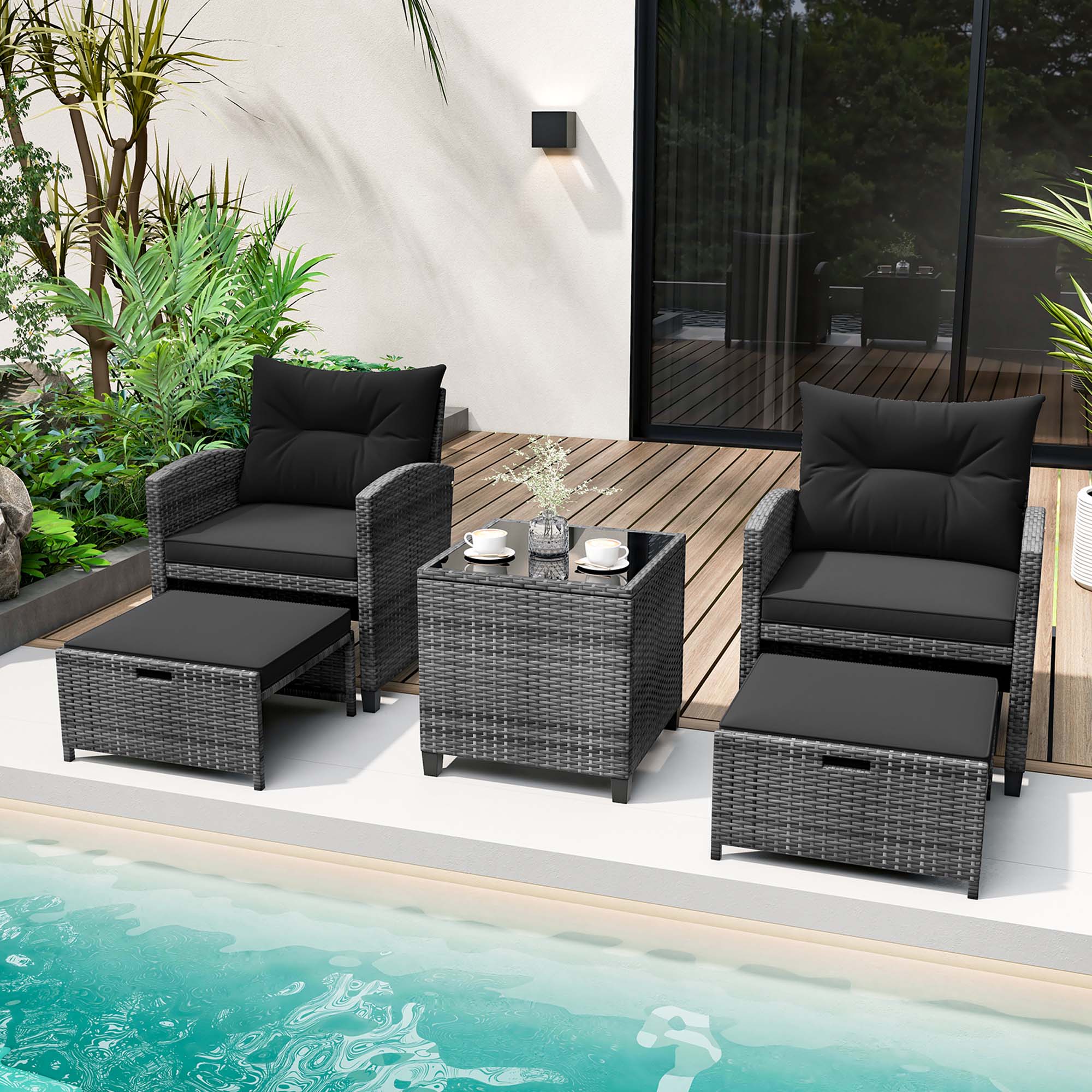 Alt View 1. Costway - 5 Piece Patio Rattan Furniture with 2 Ottomans & Tempered Glass Coffee Table - Black.