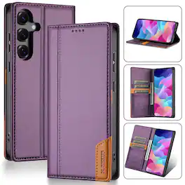 Dteck - Wallet Case for Samsung Galaxy A37 5G with 3 Card Slots and Kickstand, RFID Blocking Shockproof PU Leather Folio Cover - Purple