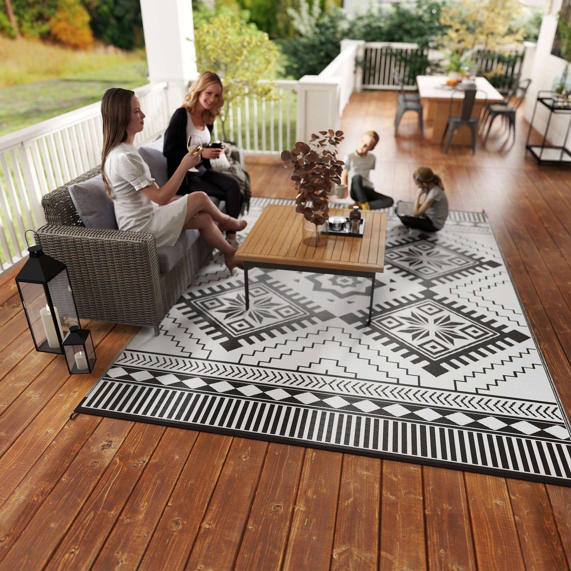 Alt View 8. Outsunny - Outdoor Rug for Patio, 9' x 18' Waterproof Large Mat, Reversible Plastic Straw Rug for Décor - White and Black Toothed Rhombus.