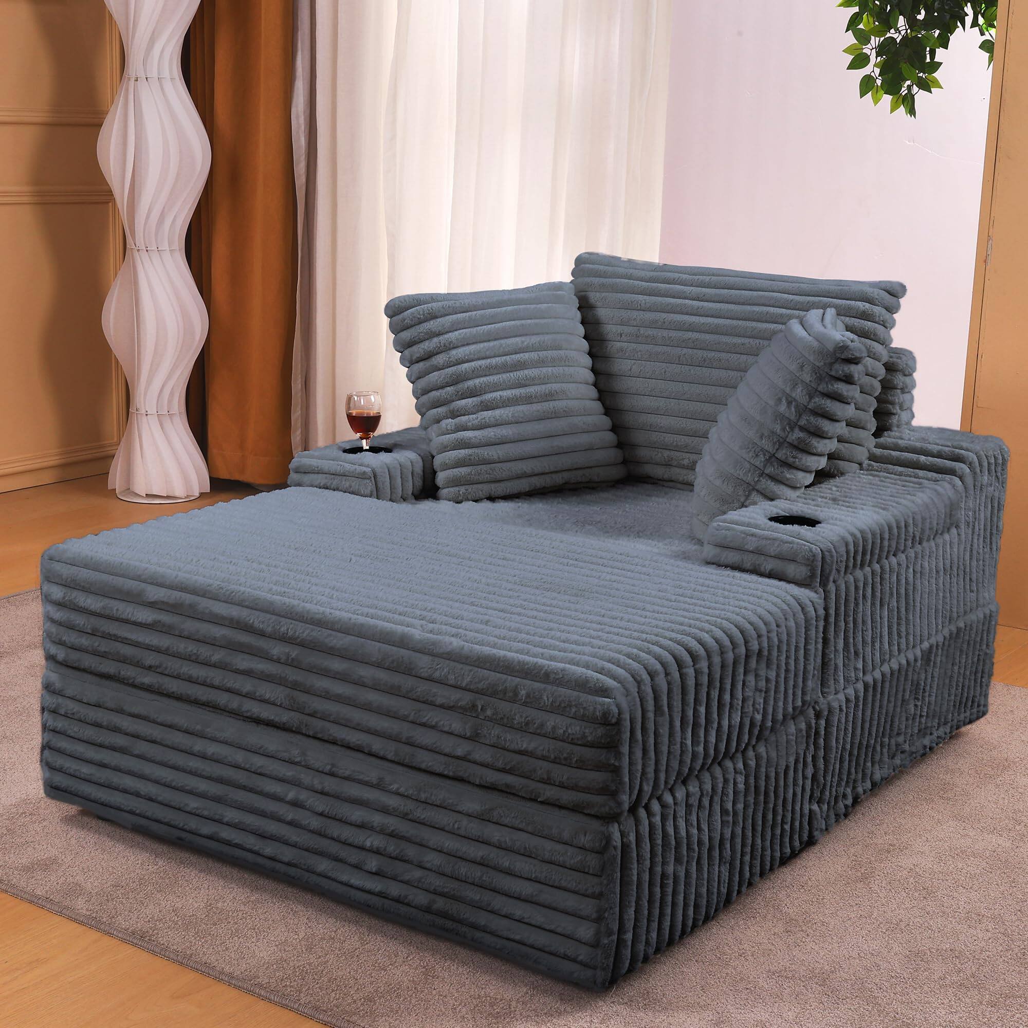 Front. Babevy - Oversized Chaise Lounge with Storage Ottoman, Corduroy Cloud Sofa Bed Chair with 3 Pillows & Cup Holders - Gray.
