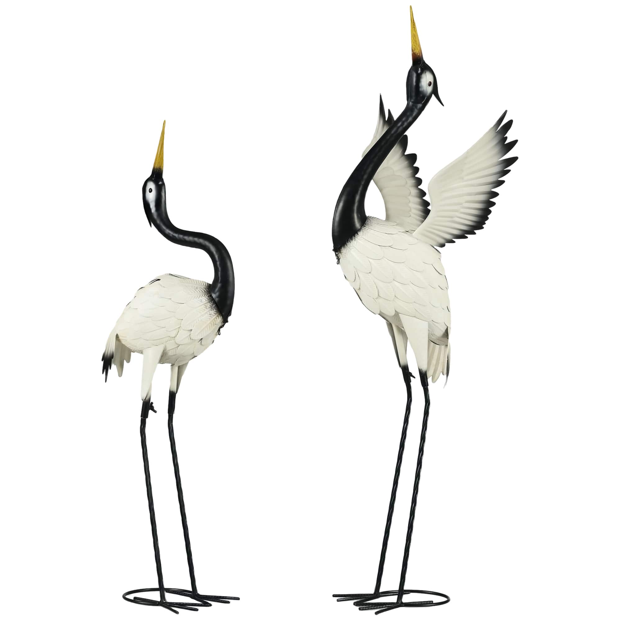 Outsunny - Heron Garden Statues, 35.5" & 40.5" Standing Bird Sculptures, Metal Yard Art Decor for Lawn, Patio, Backyard - White, Black