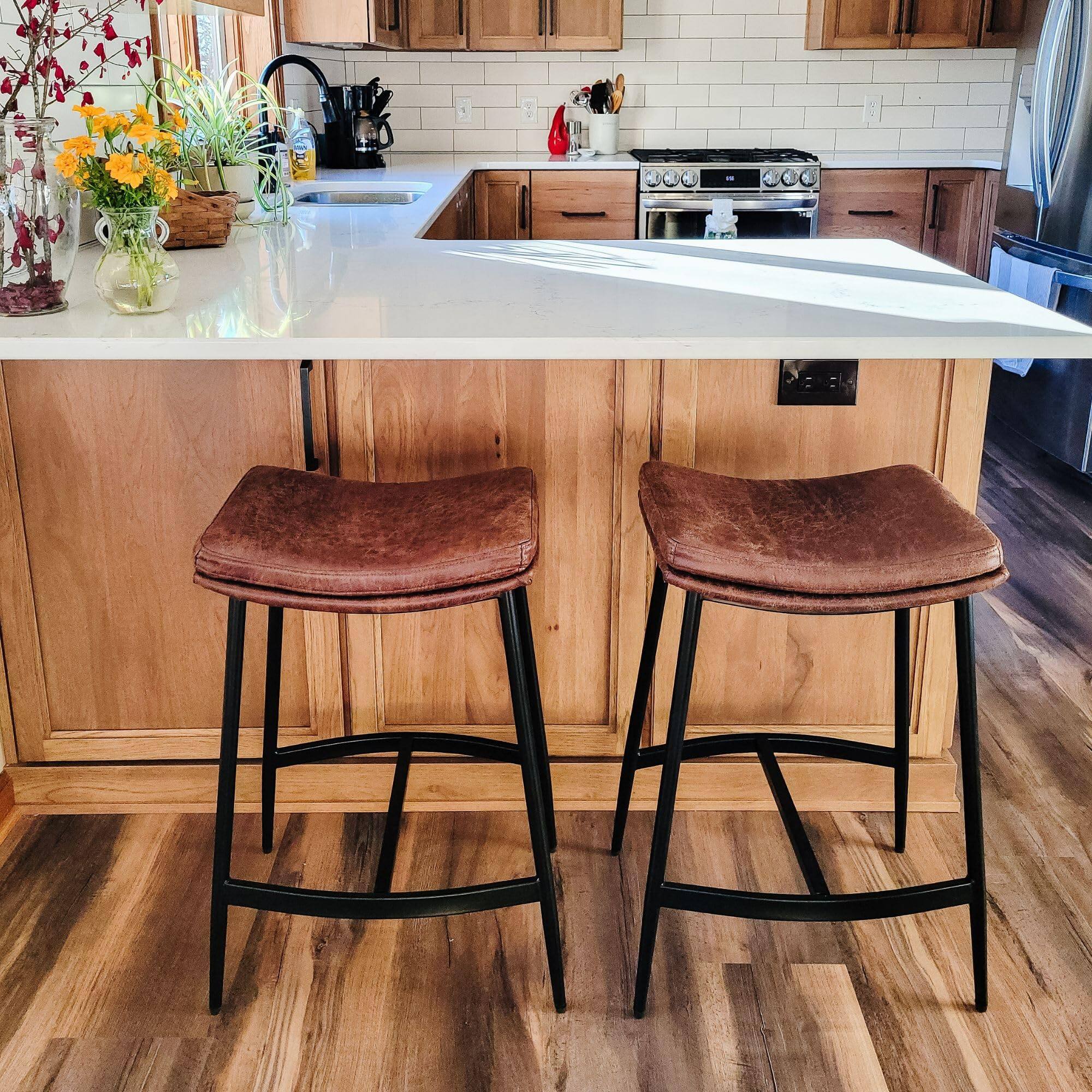 Alt View 2. JETRANSPORT - 22202 Arlo Modern Backless Upholstered Kitchen Counter Bar Stool With Double-layered Saddle Seat And - Vintaged Brown/Matte Black 1 Stool.