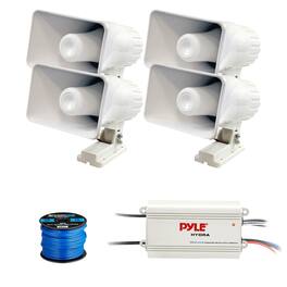 Pyle - 8" 65 Watt Indoor/Outdoor Waterproof Home PA Horn Speakers (2 Pair), Marine Bluetooth 4-Channel Amplifier w/Wire