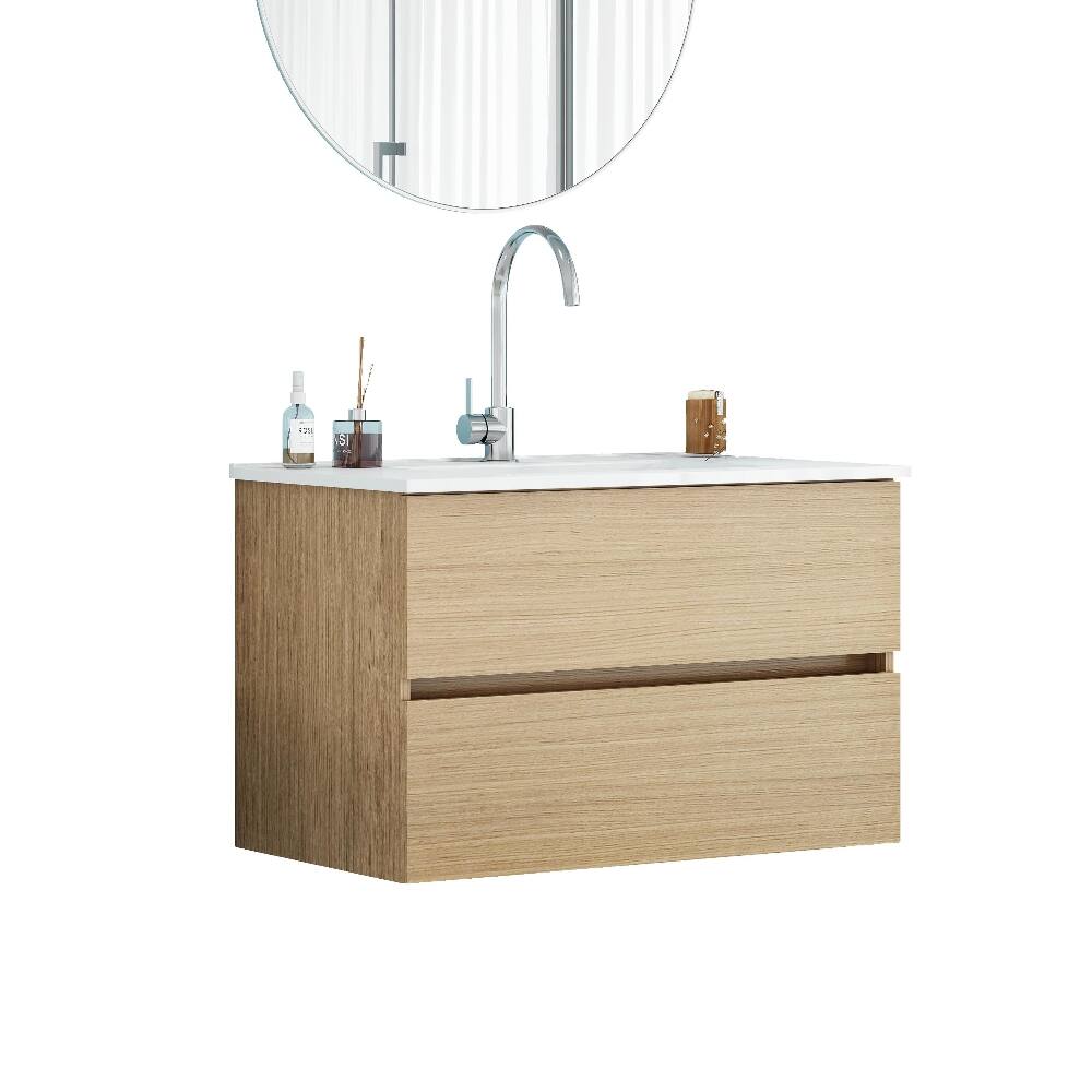 Alt View 3. Loheer - Loheer 32 inch wall mounted bathroom vanity Natural Solid Wood with Ceramic Sink - Natural.