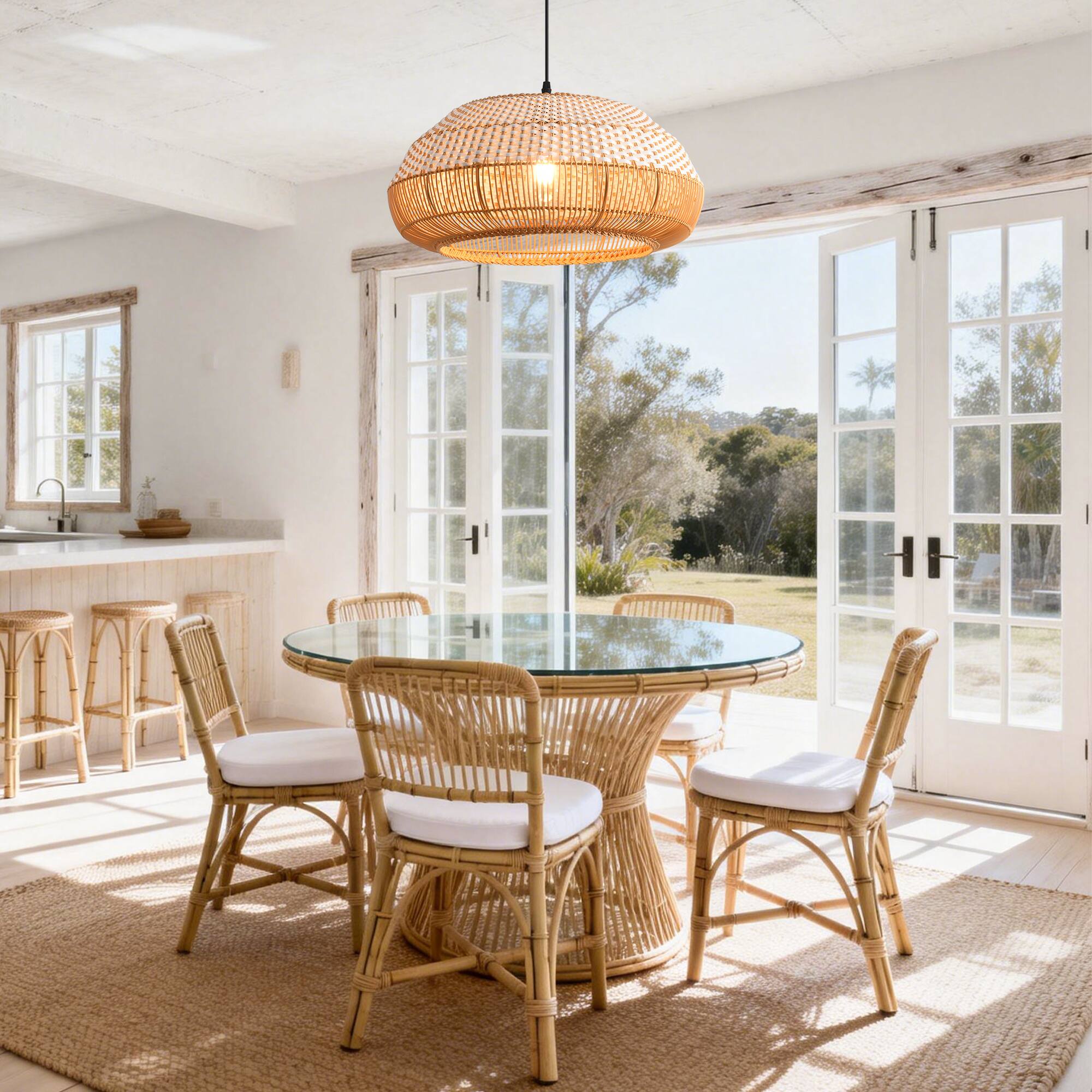 Left. Parrot Uncle - 1-Light Coastal Retro Brown Rattan Hand-Woven Cloche Hanging Cage Pendant Light - Brown.