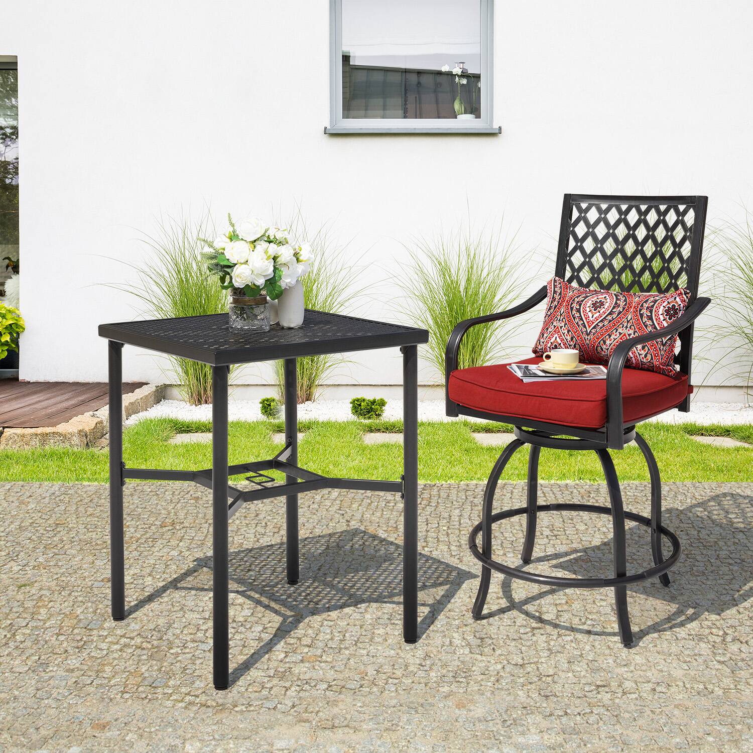 Alt View 4. Nuu Garden - Outdoor 28" Square Bar Table with Mesh Top and 1.57" Umbrella Hole - Black with Gold Speckles.