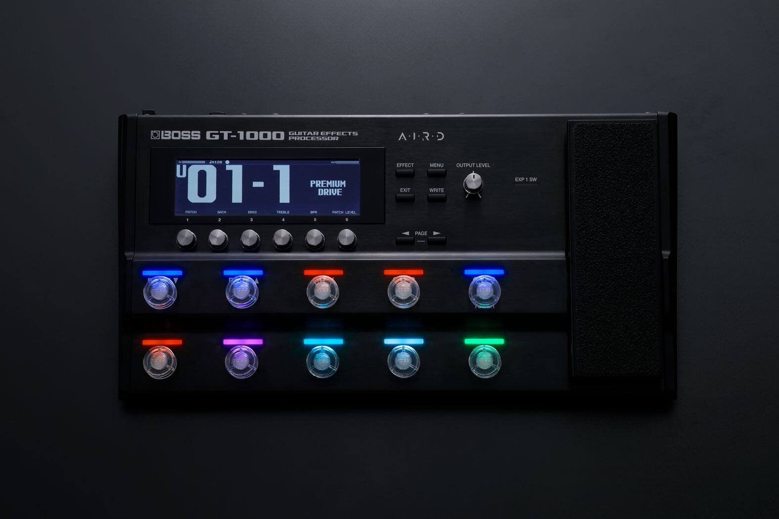 BOSS GT-1000 GUITAR EFFECTS PROCESSOR  
Jn12 U 01-1 - PREMIUM DRIVE  
TREBLE  
BASS  
PITCH LEVEL  
EFFECT  
MENU  
OUTPUT LEVEL  
EXIT  
WRITE  
PAGE