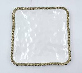 Jiallo - 9" Contemporary Gold Rope Square Appetizer Plate – Modern Decorative Serving Plate with Rope‑Style Rim - White