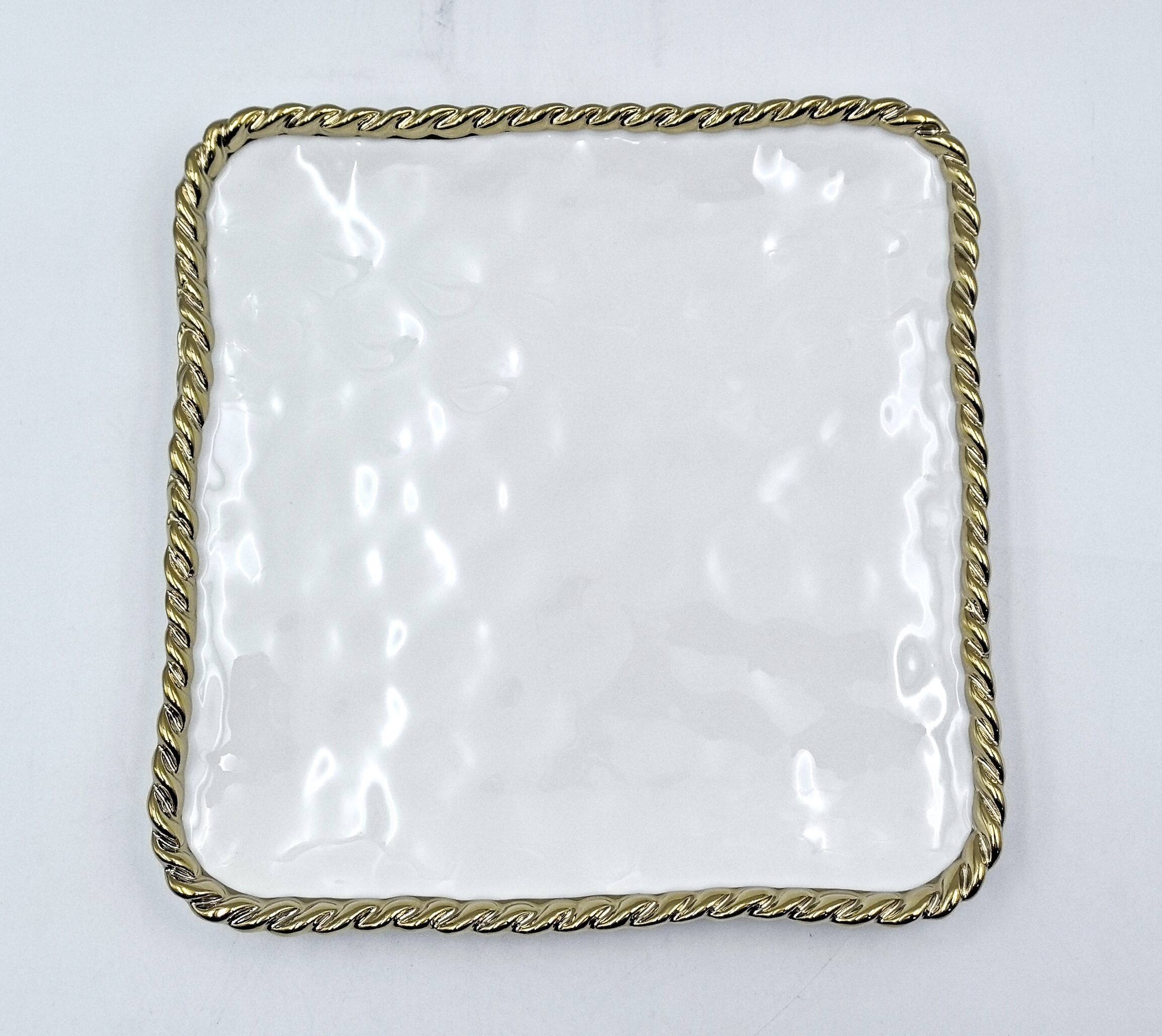 Jiallo - 9" Contemporary Gold Rope Square Appetizer Plate – Modern Decorative Serving Plate with Rope‑Style Rim - White