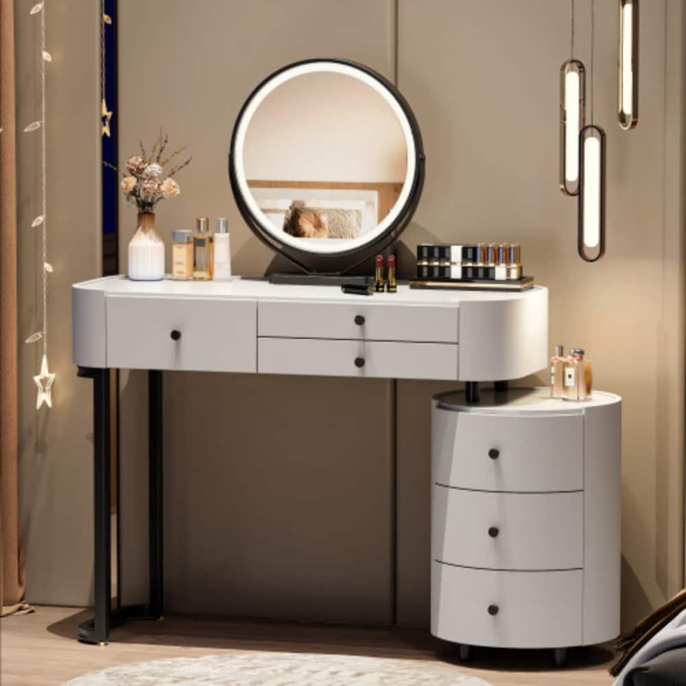 LUCKY ONE - Adjustable Vanity with Detachable LED Mirror and Rotatable Side Cabinet for Bedroom - White
