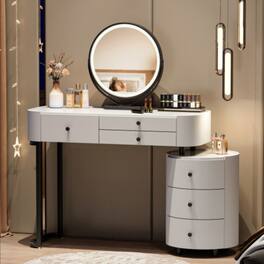 LUCKY ONE - Adjustable Vanity with Detachable LED Mirror and Rotatable Side Cabinet for Bedroom - White