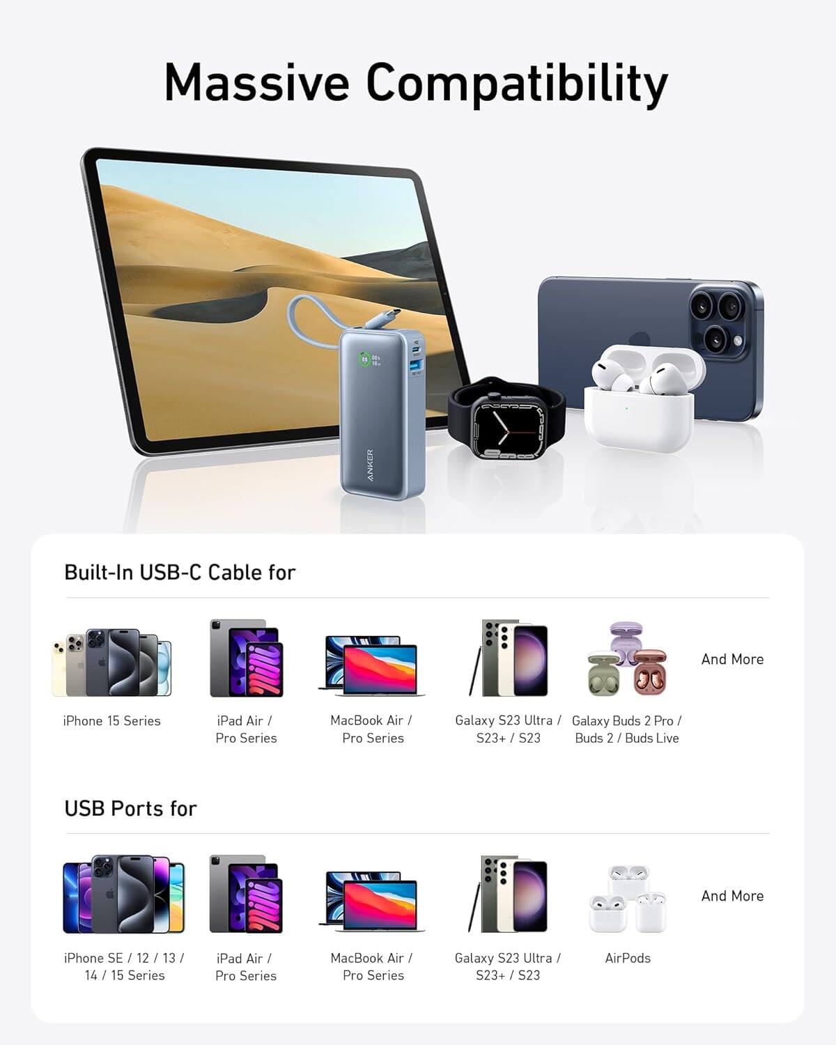Massive Compatibility

ANKER Built-In USB-C Cable for:
- iPhone 15 Series
- iPad Air / Pro Series
- MacBook Air / Pro Series
- Galaxy S23 Ultra / S23+ / S23
- Galaxy Buds 2 Pro / Buds 2 / Buds Live

USB Ports for:
- iPhone SE / 12 / 13 / 14 / 15 Series
- iPad Air / Pro Series
- MacBook Air / Pro Series
- Galaxy S23 Ultra / S23+ / S23
- AirPods