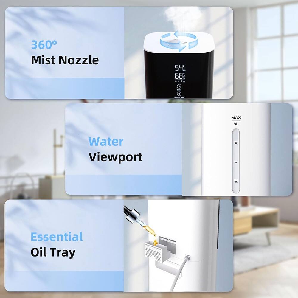 360° Mist Nozzle  
Water Viewport  
Essential Oil Tray