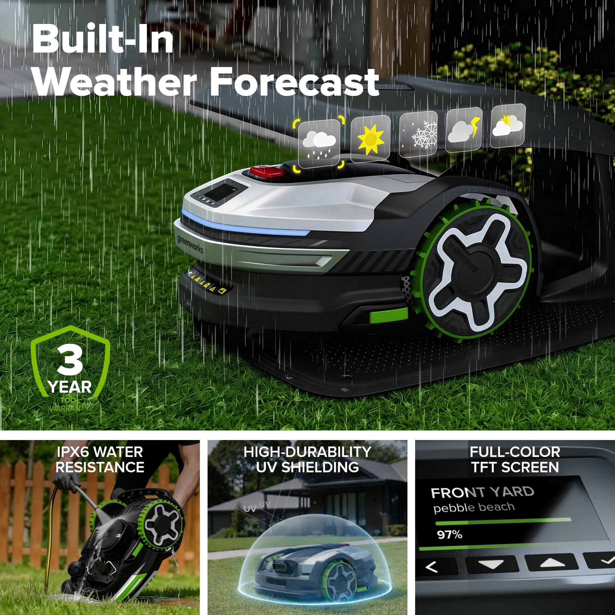 Built-In Weather Forecast

- 3 YEAR WARRANTY
- IPX6 WATER RESISTANCE
- HIGH-DURABILITY UV SHIELDING
- FULL-COLOR TFT SCREEN

FRONT YARD
pebble beach
97%