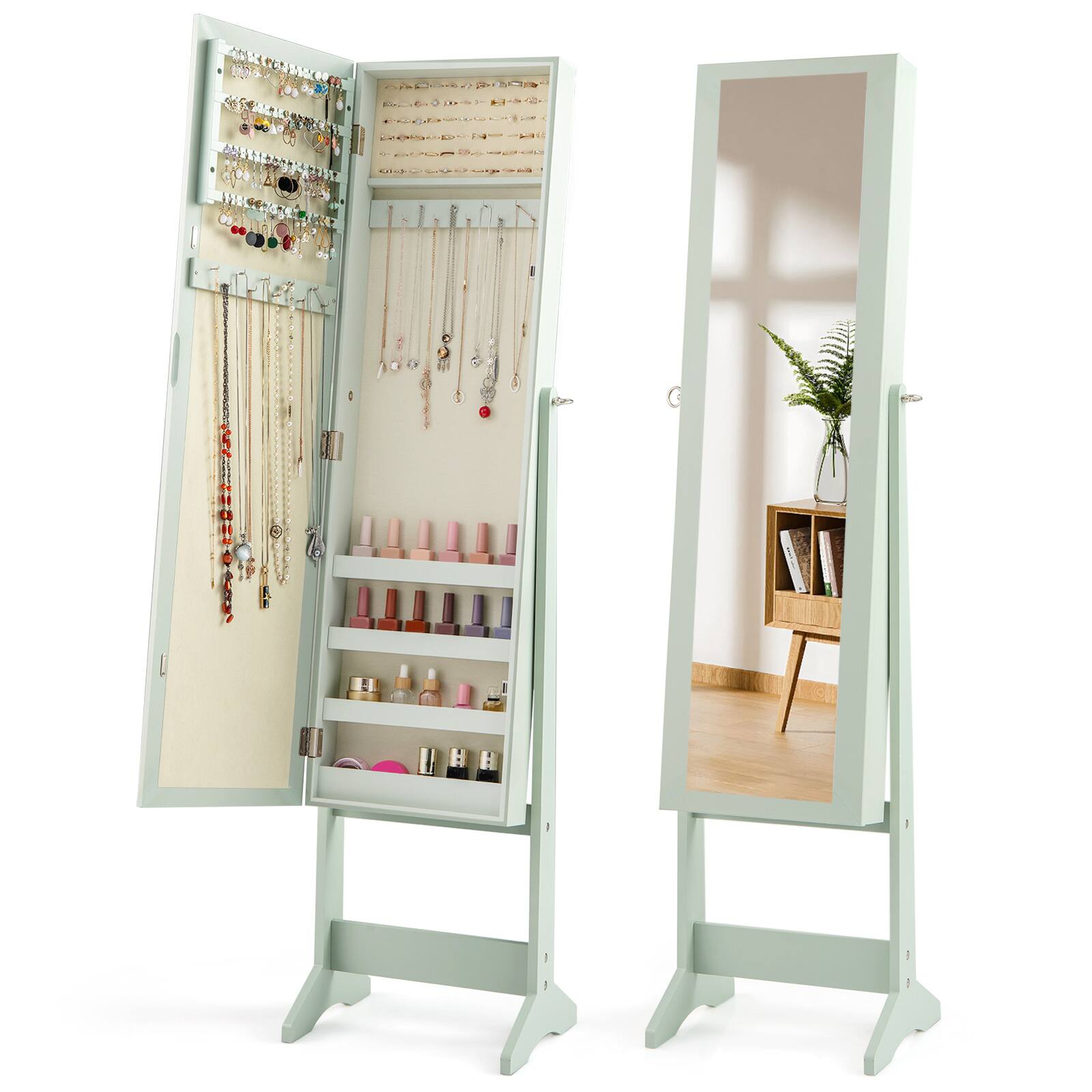 Front. Gymax - Gymax Mirrored Jewelry Armoire Standing Jewelry Cabinet w/ Full-Length Mirror Inner Makeup Mirror - Green.
